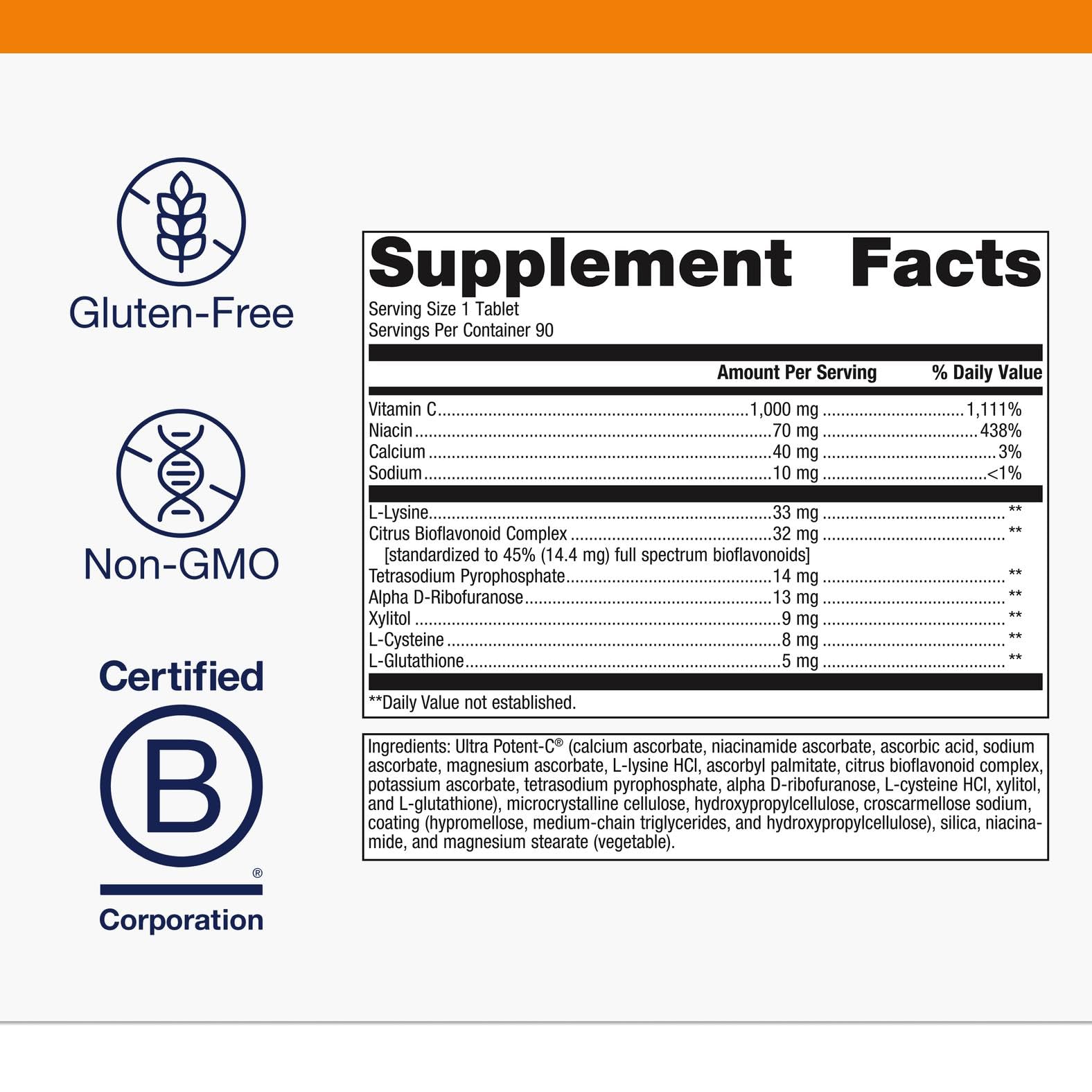 Tablettes Metagenics Ultra Potent-C 1000 posées sur table, formulation tamponnée pour confort gastrique.