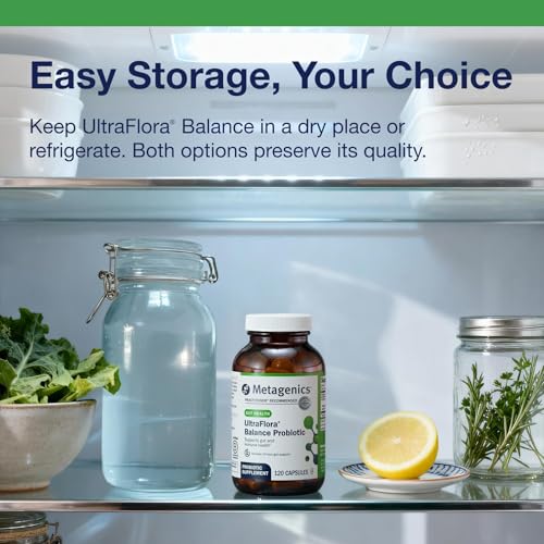 Metagenics UltraFlora Balance – étiquette claire et informations sur les souches cliniquement étudiées