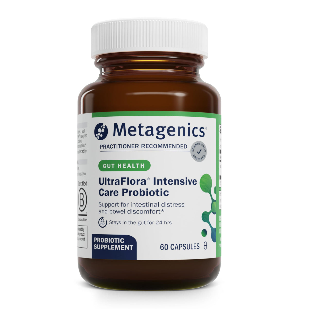 Metagenics UltraFlora Intensive Care, bouteille visible, soutien digestif potentiel au quotidien.