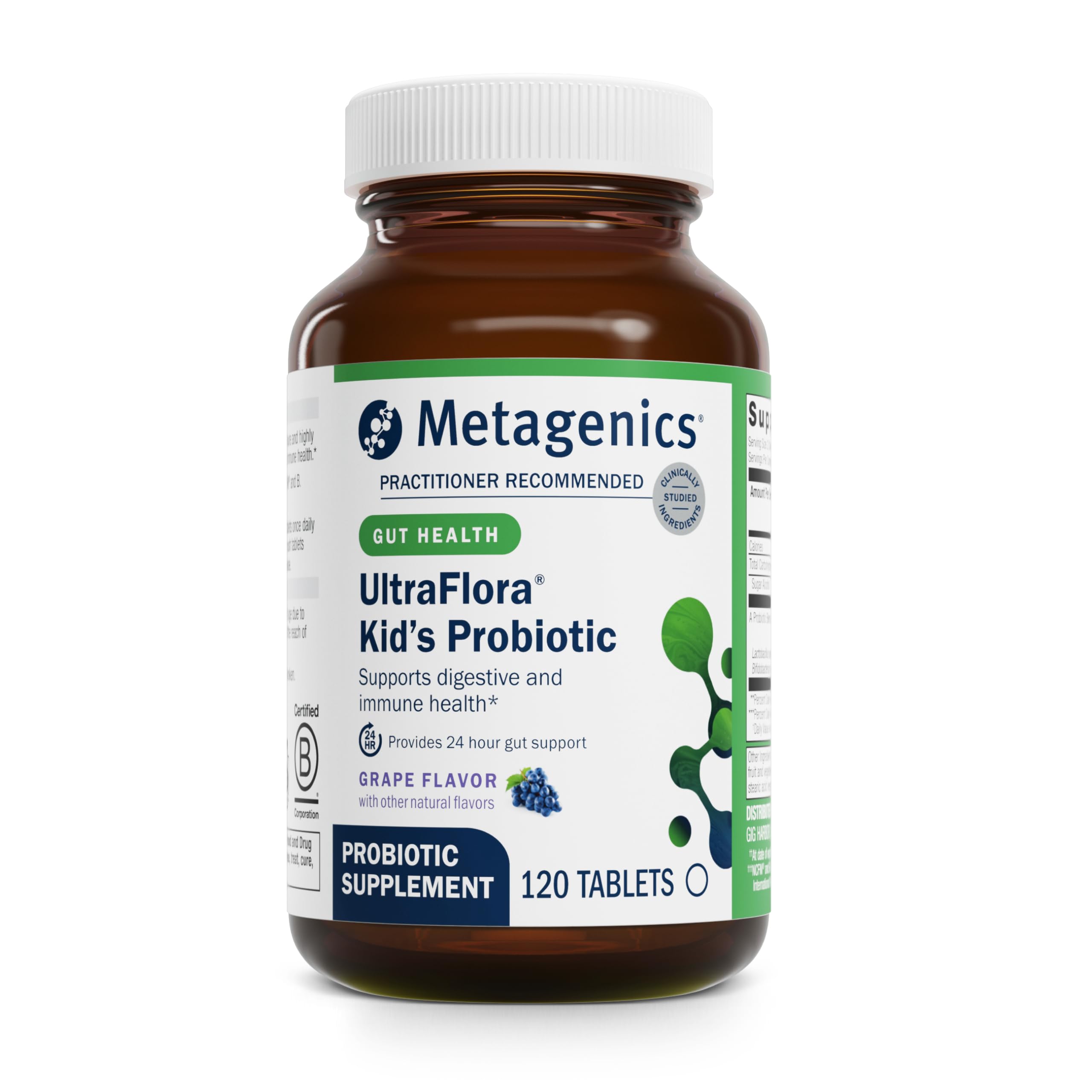 Emballage Metagenics UltraFlora Kids, soutien digestif quotidien pour enfants.