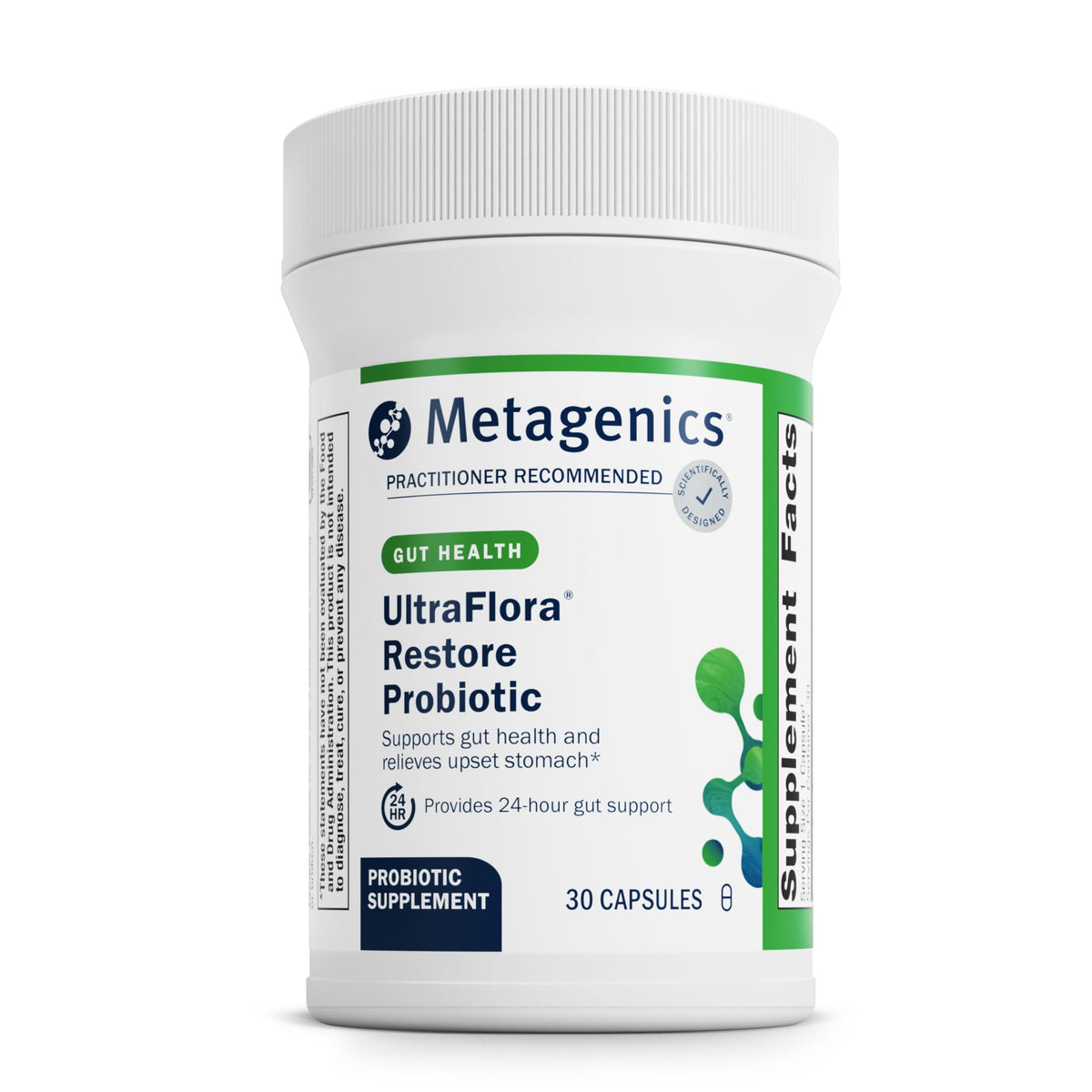 Metagenics UltraFlora Restore – Bouteille montrée pour soutien intestinal potentiel et équilibre microbien.