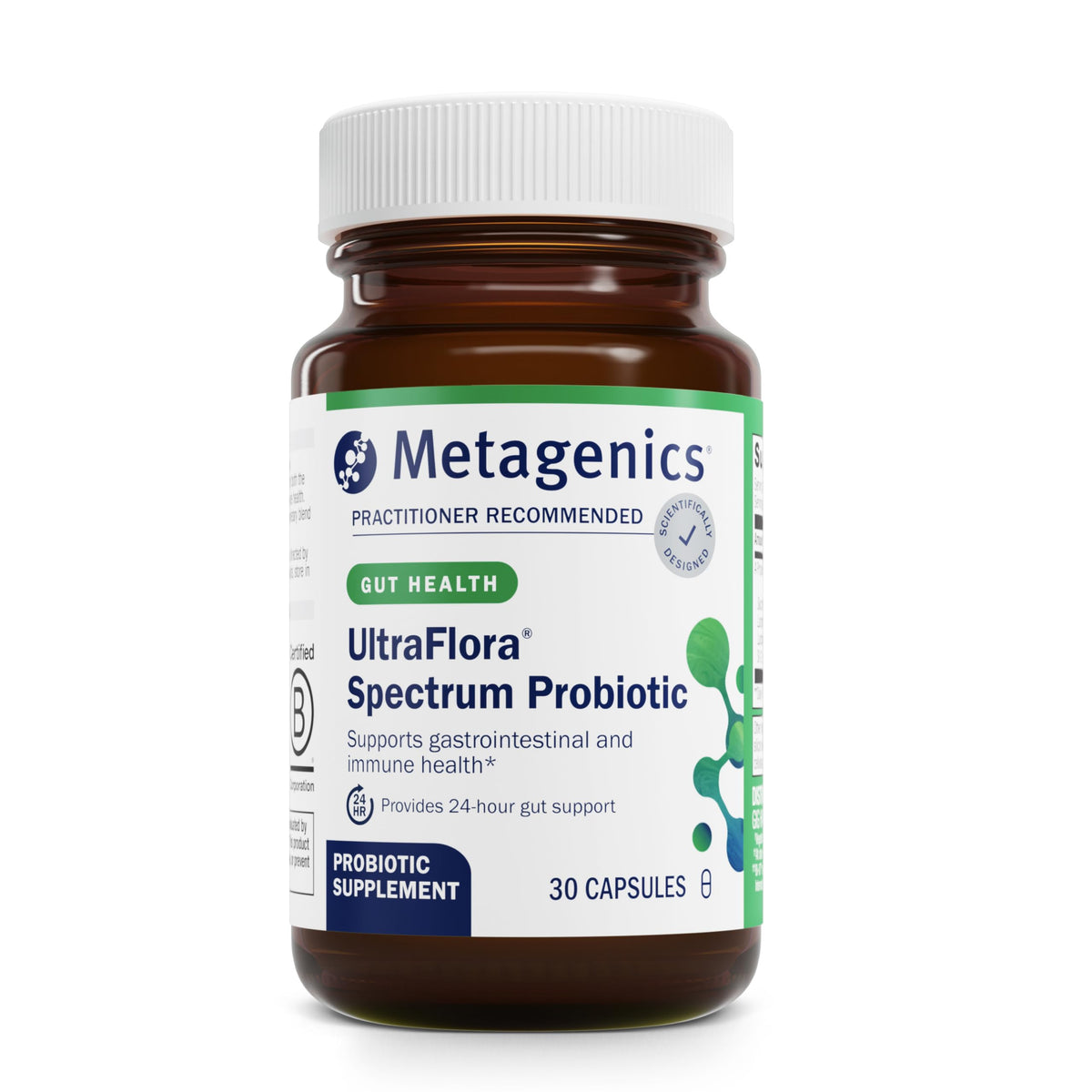 Metagenics UltraFlora Spectrum — bouteille montrant le flacon pratique et stable pour usage quotidien