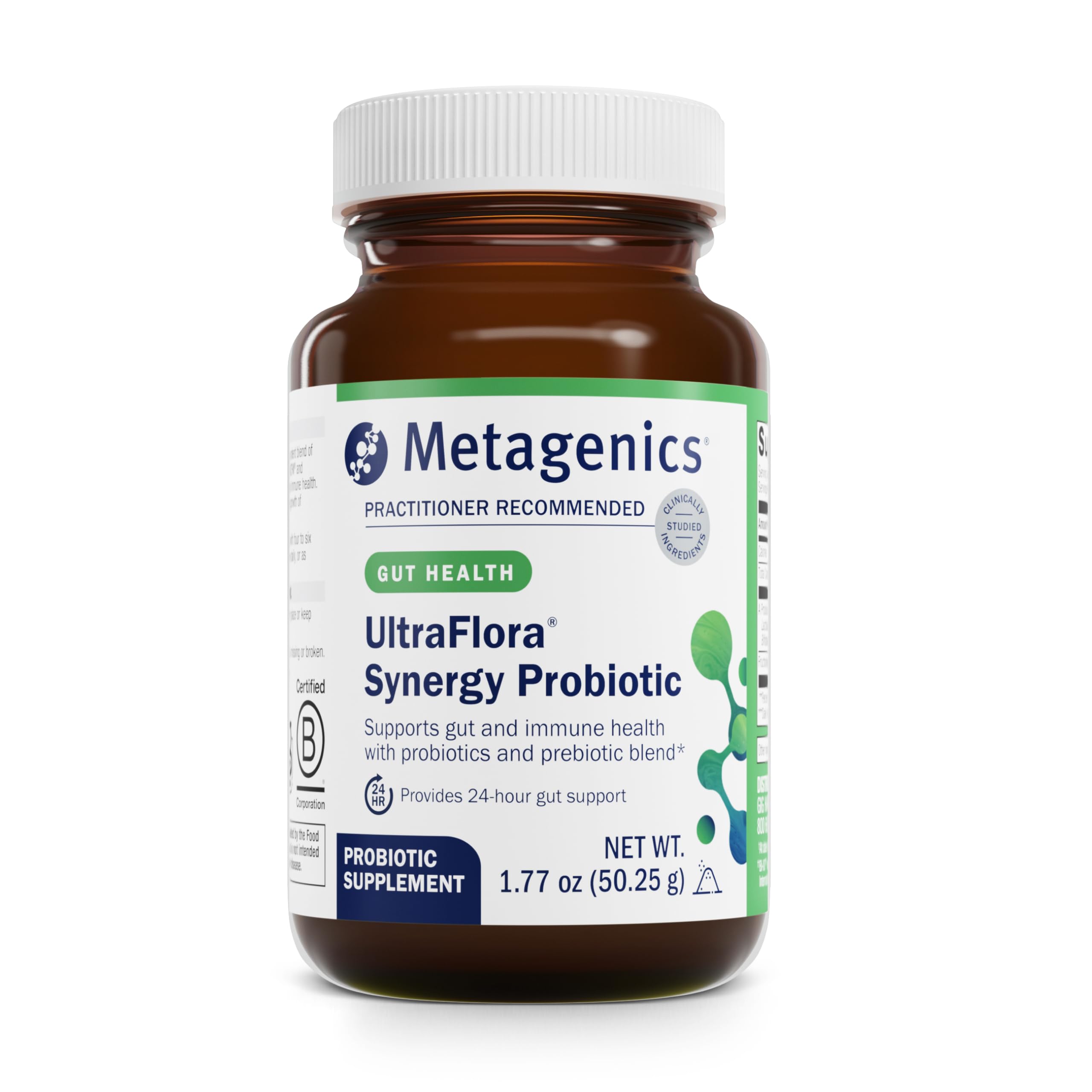 Metagenics UltraFlora Synergy flacon-poudre : soutien quotidien du microbiote pour une digestion équilibrée.