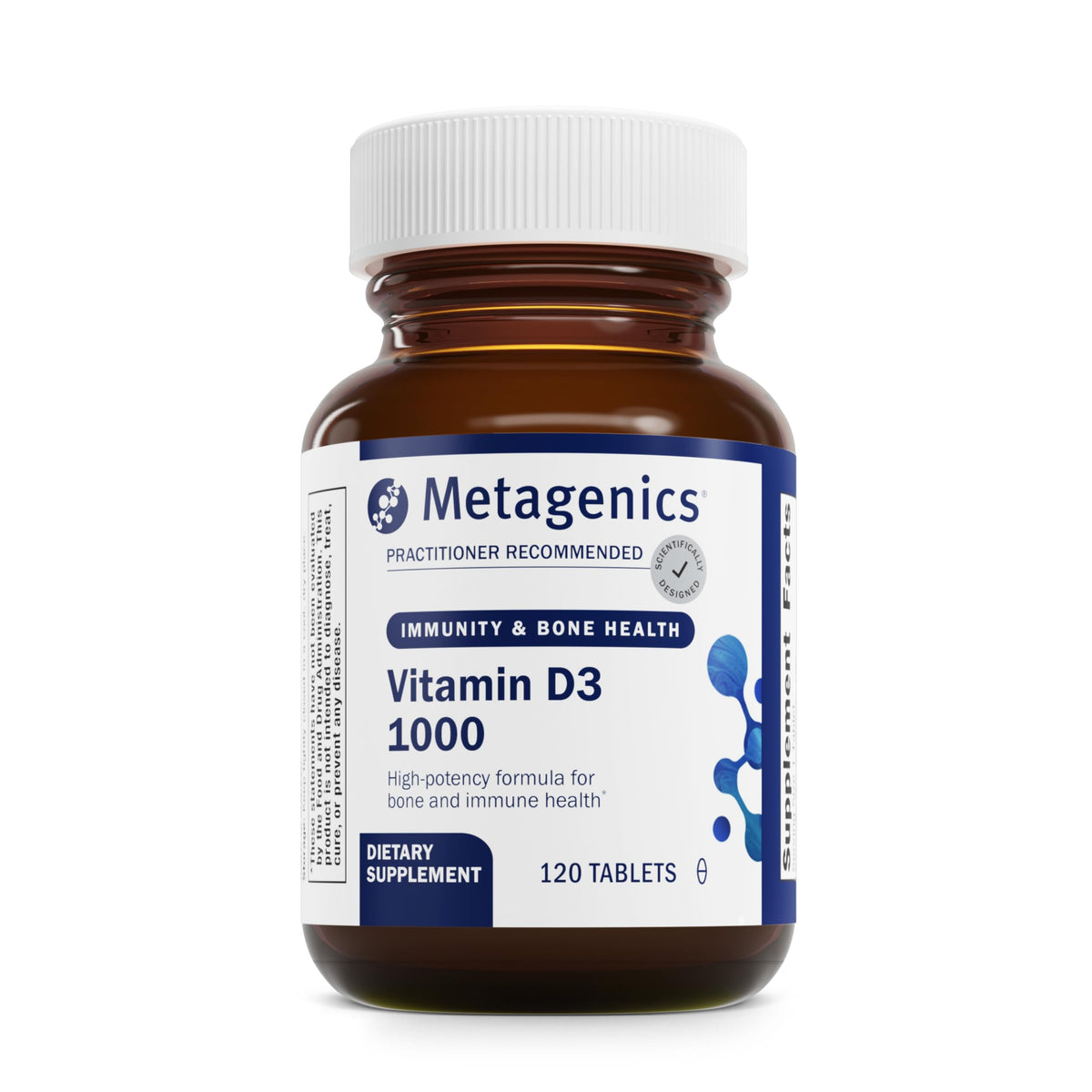 Metagenics Vitamine D3 1000 UI – bouteille visible, soutien potentiel à la santé osseuse.
