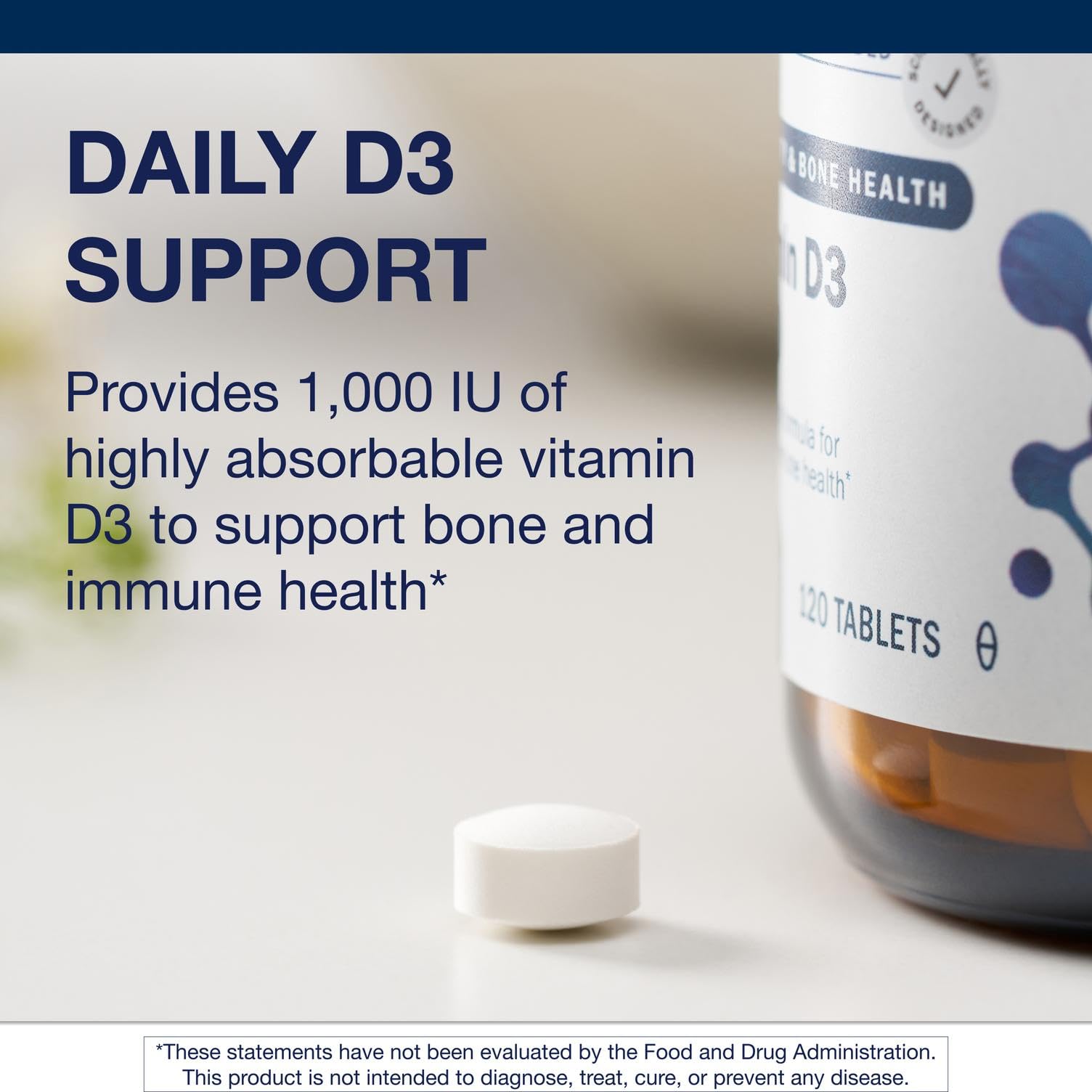 Metagenics VItamine D3 1000 UI – emballage frontal, utile pour le système immunitaire.