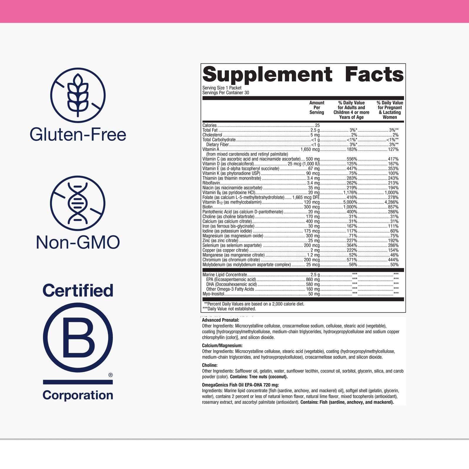 Metagenics Wellness Essentials sachets quotidiens facilitant la supplémentation prénatale.