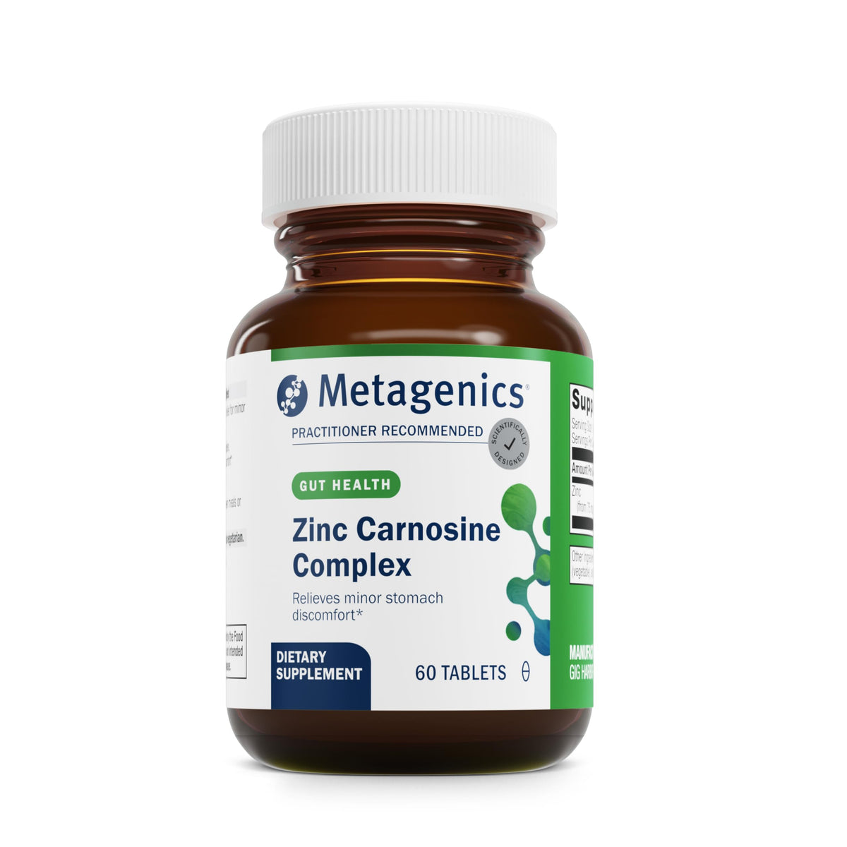 Metagenics Zinlori 75 – bouteille recto, soutien potentiel du confort gastrique.