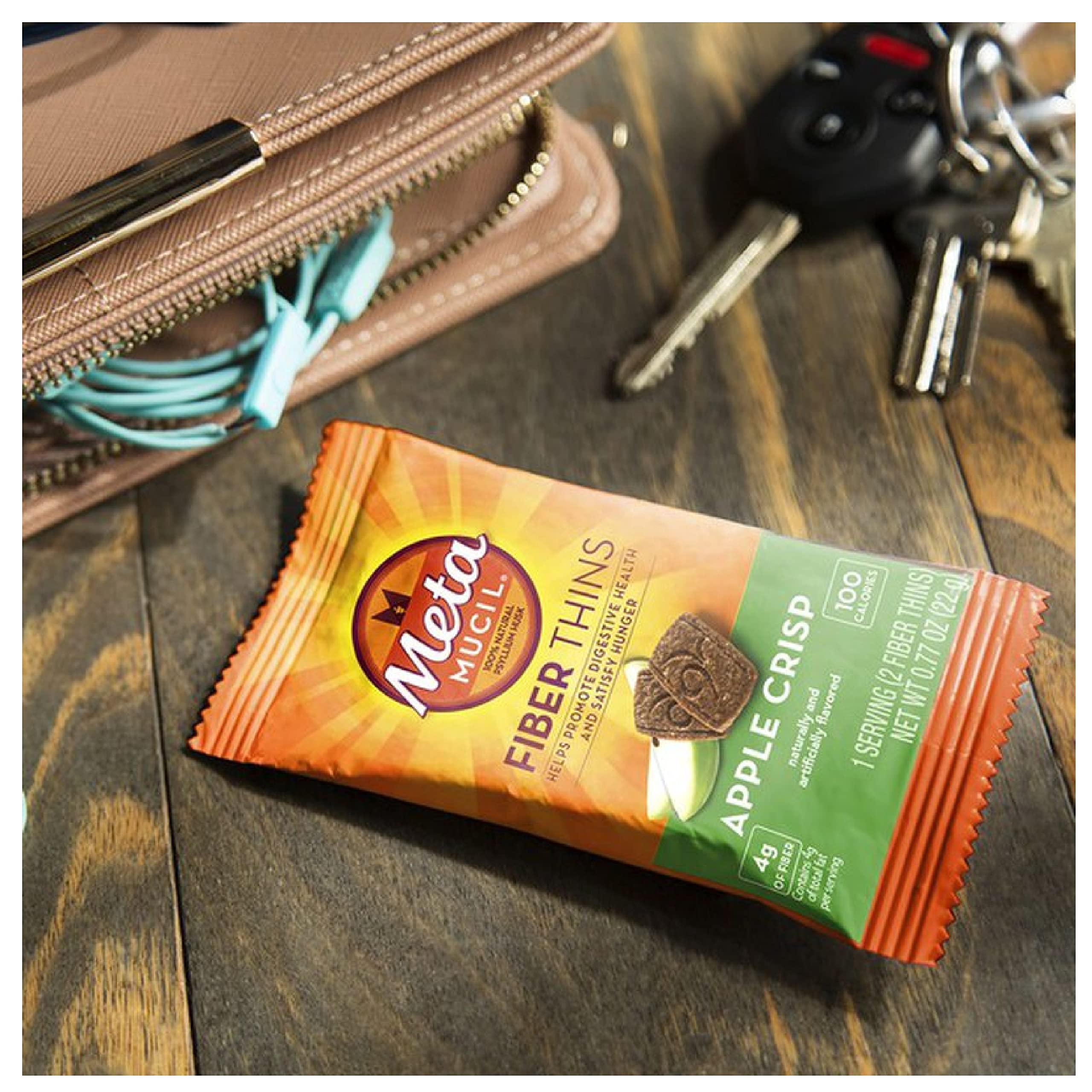 Metamucil galettes fibres pomme croquante, saveur pomme naturelle.