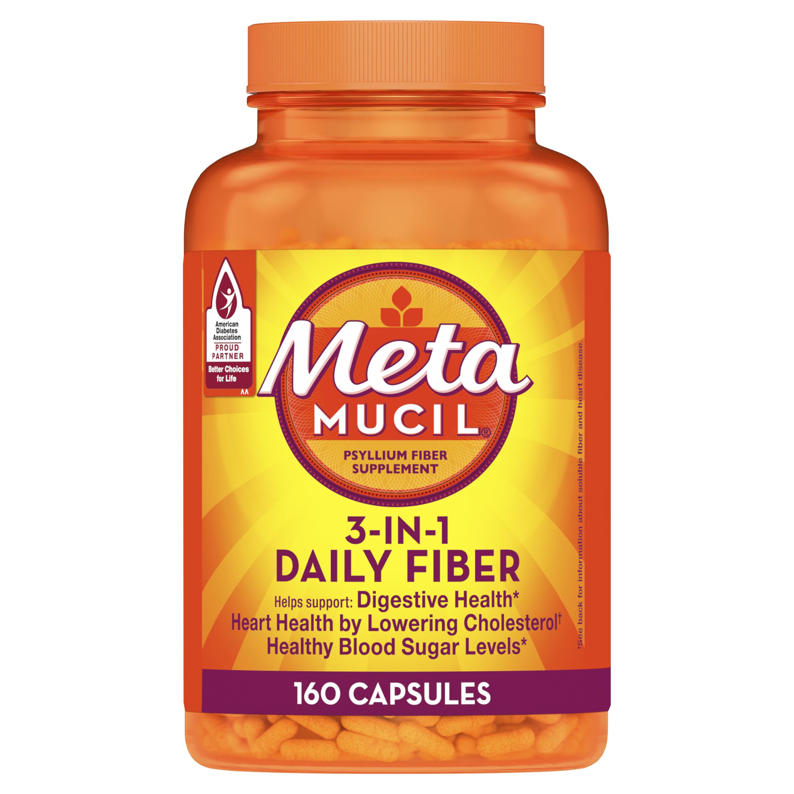 Metamucil, capsule psyllium, bouteille: apport quotidien en fibres.
