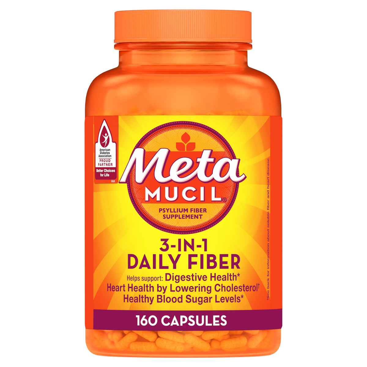 Metamucil, capsule psyllium, bouteille: apport quotidien en fibres.