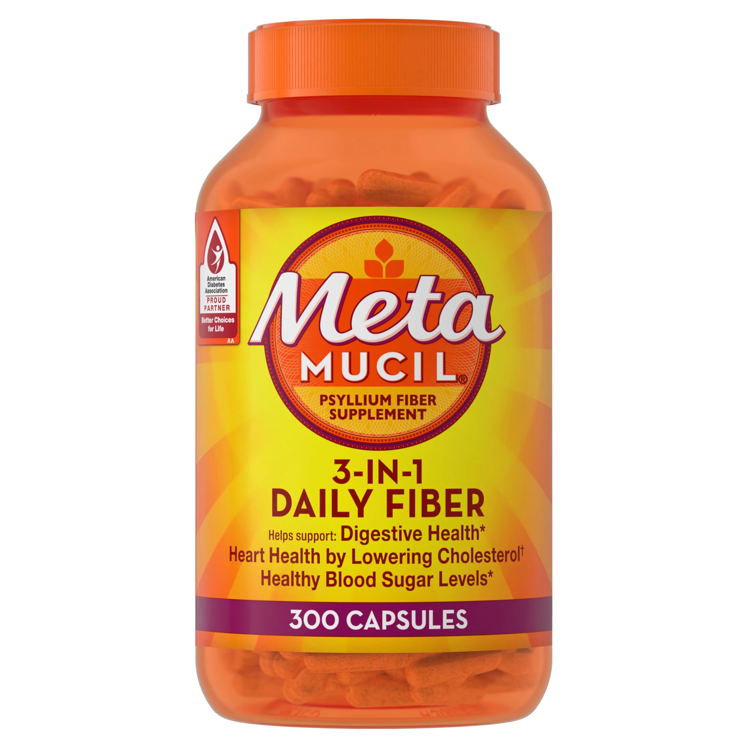 Metamucil Gélules Psyllium dans bouteille pour soutenir la régularité digestive.