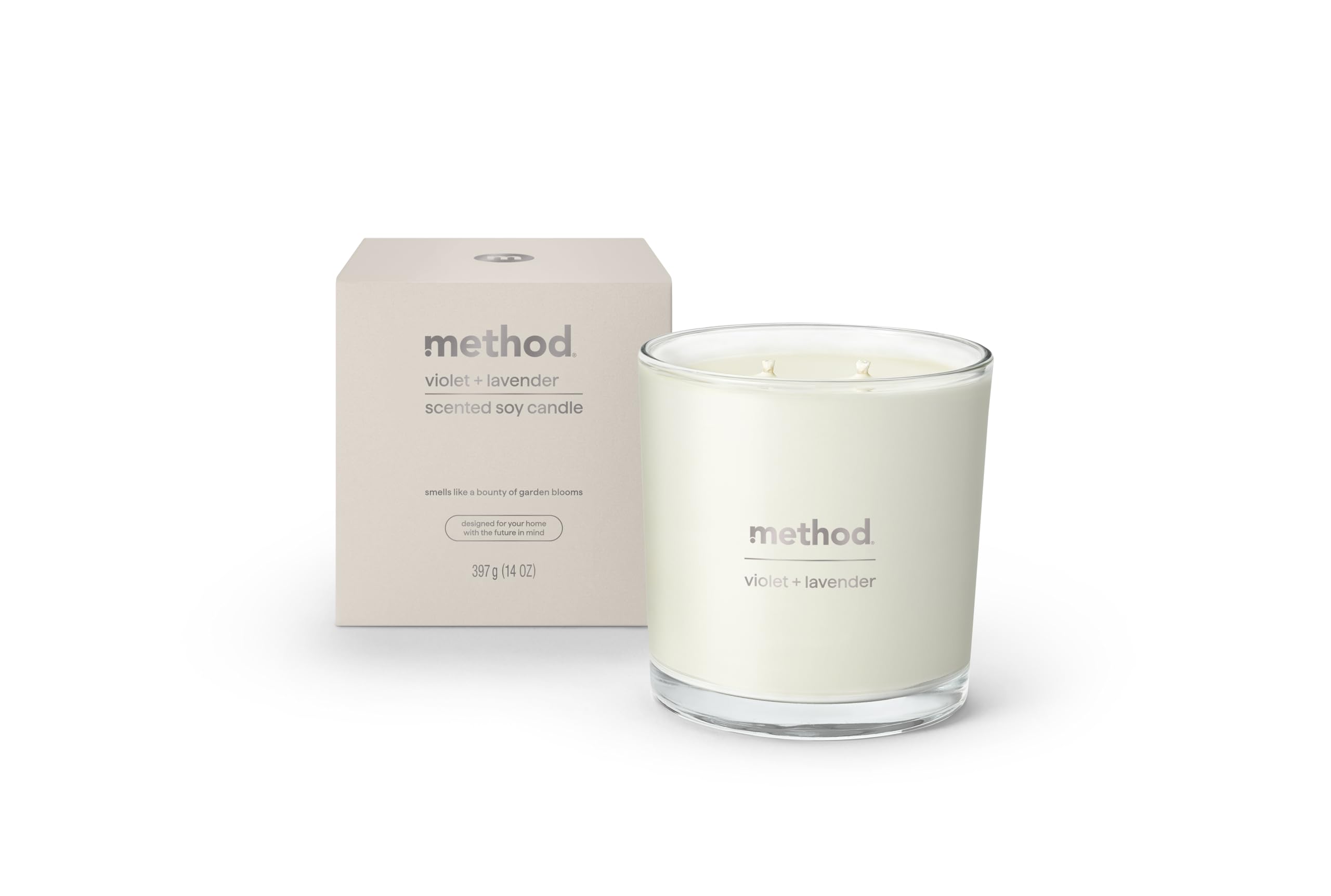 Bougie Method Premium violet-lavande, deux mèches, ambiance apaisante durable.