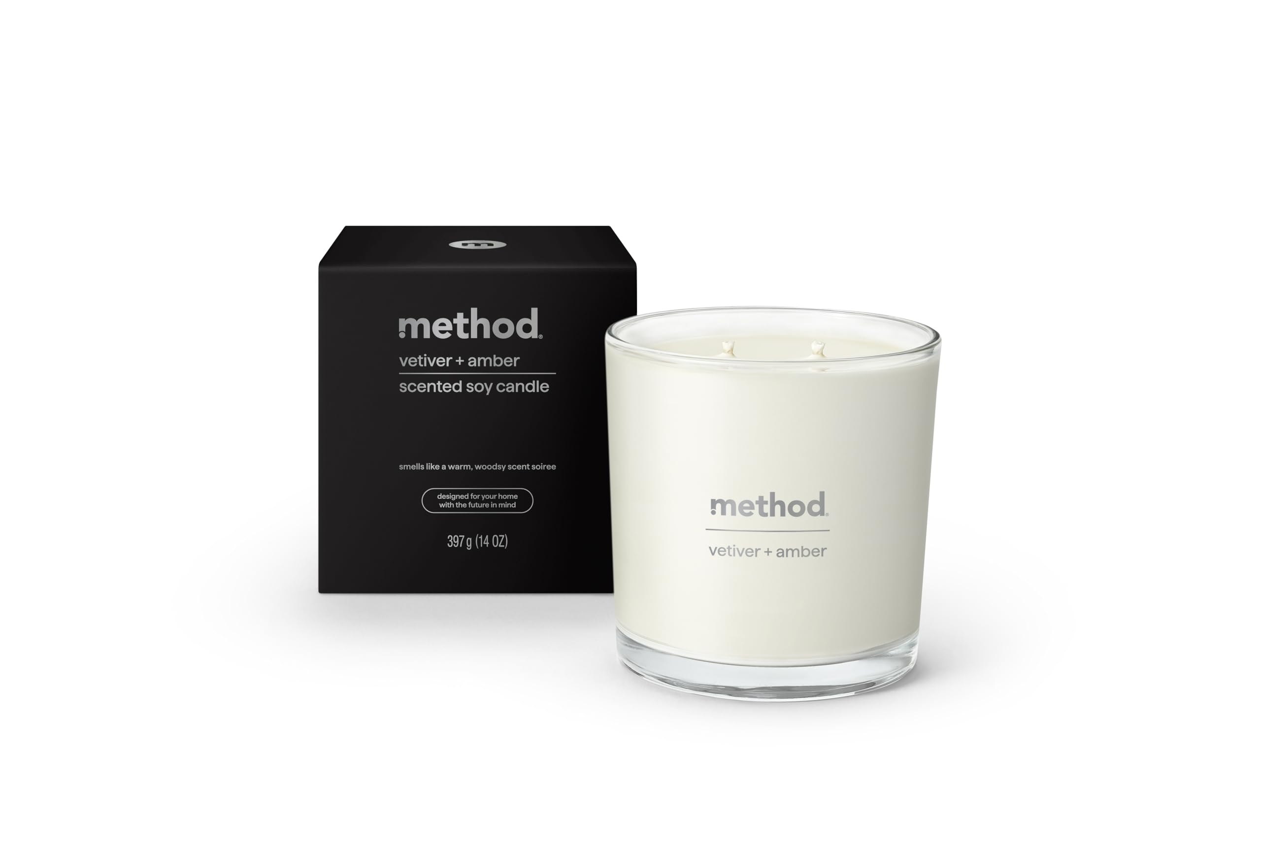 Bougie Method Premium Vetiver et Ambre – 2 mèches pour une ambiance chaleureuse durable.
