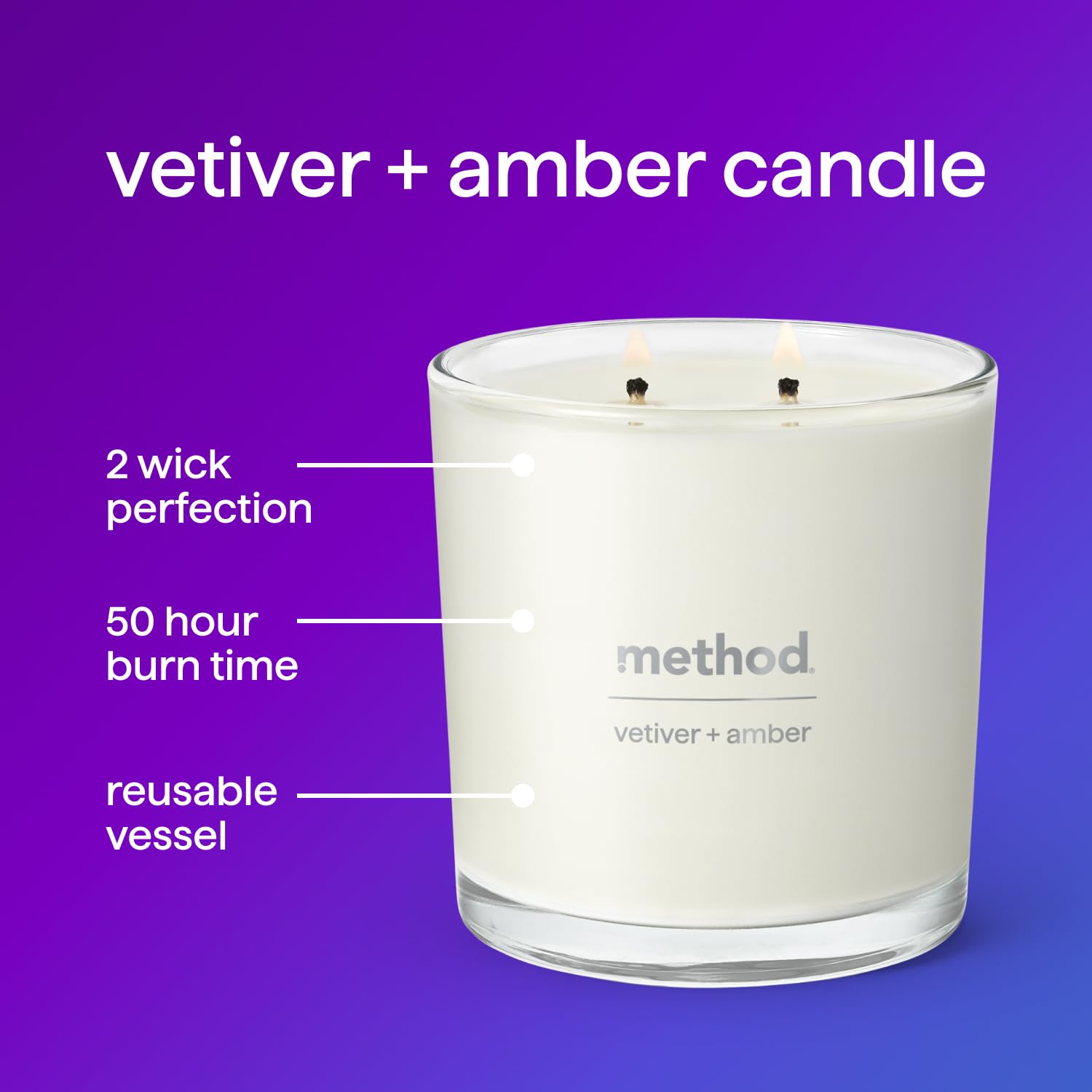 Bougie Method Premium Vetiver et Ambre – ambiance détente et chaleur boisée.