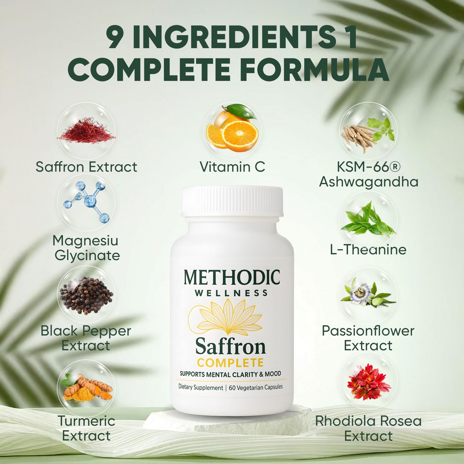 METHODIC WELLNESS Safran Boîte: étiquette lisible et ingrédients vegan.