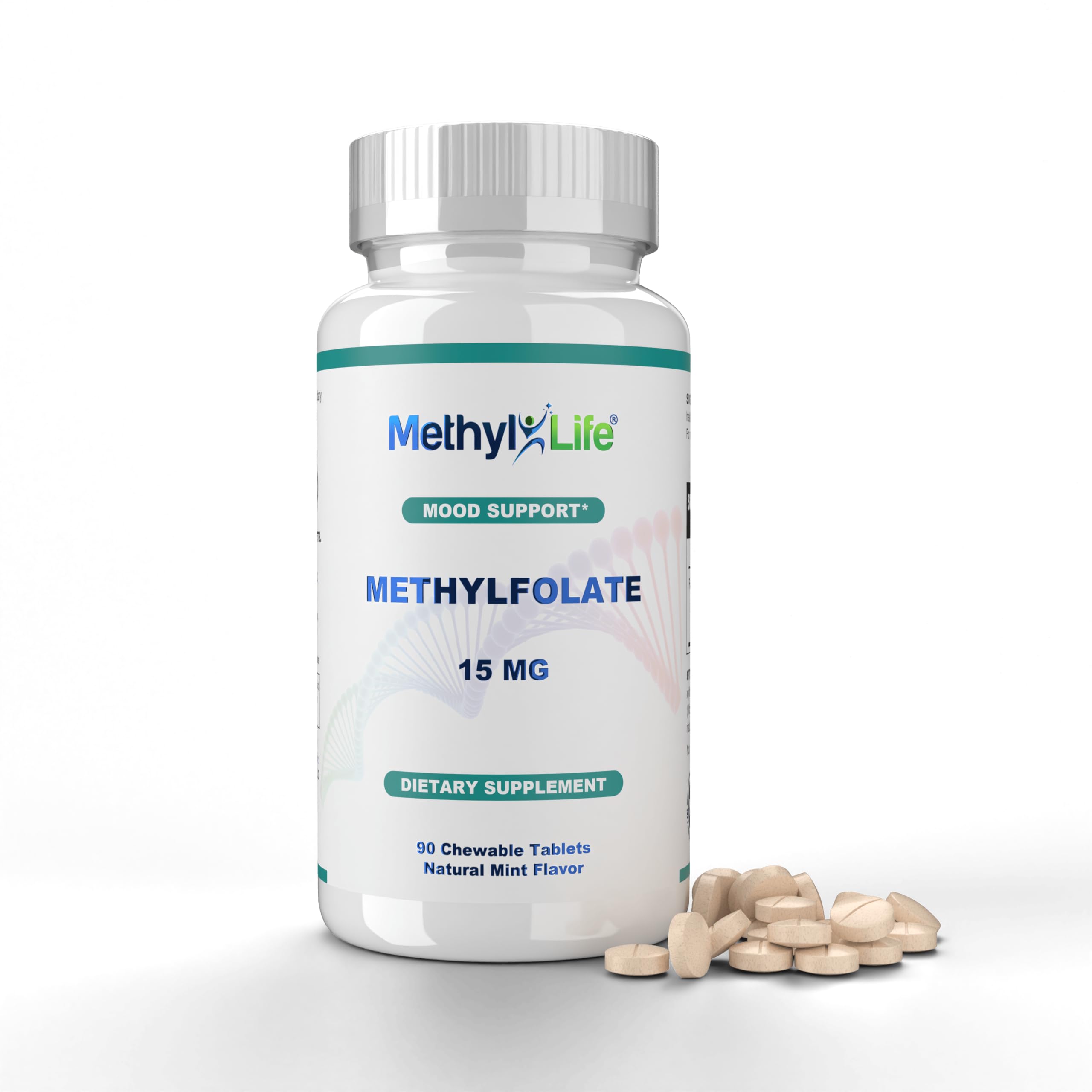 Tablettes L-Methylfolate 15 mg menthe de Methyl-Life, prise agréable pour votre routine.