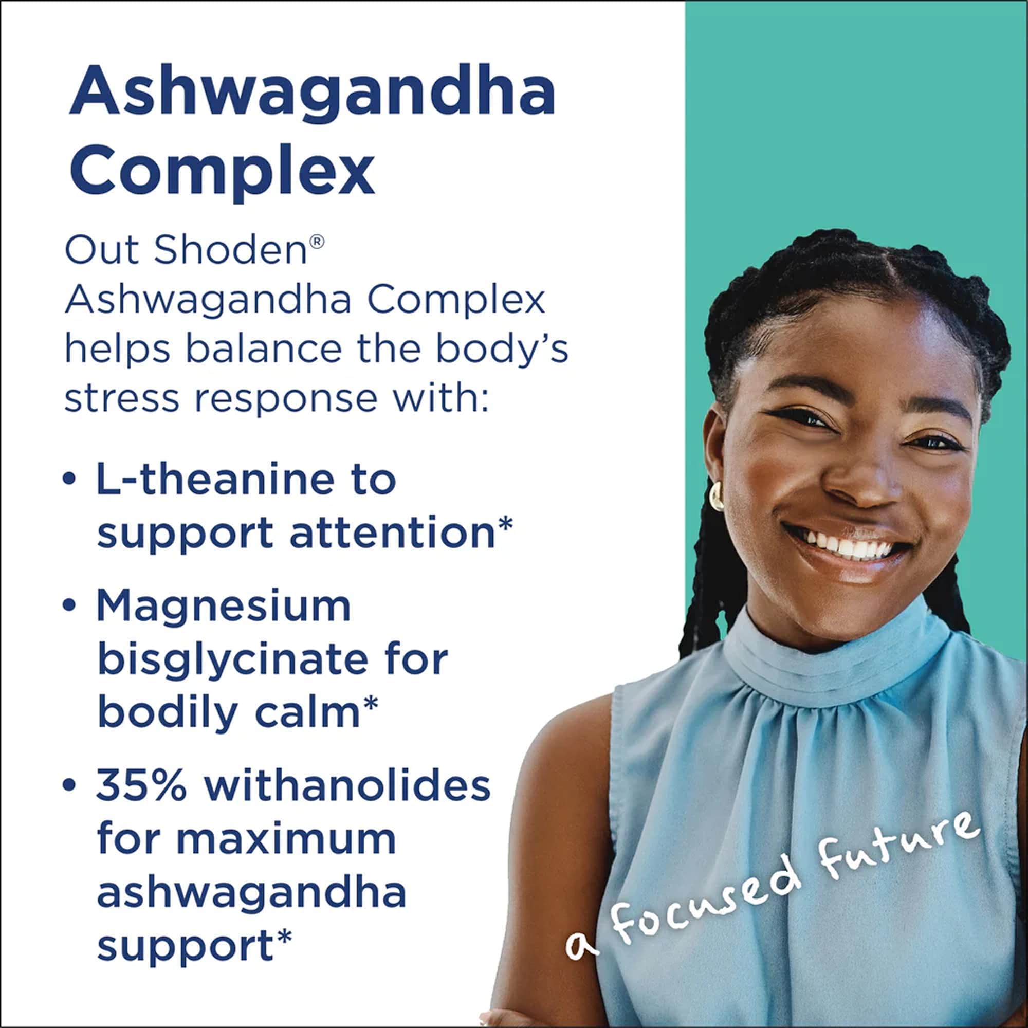 Gélules MethylPro Ashwagandha Complex avec L-Theanine, pour concentration et calme.