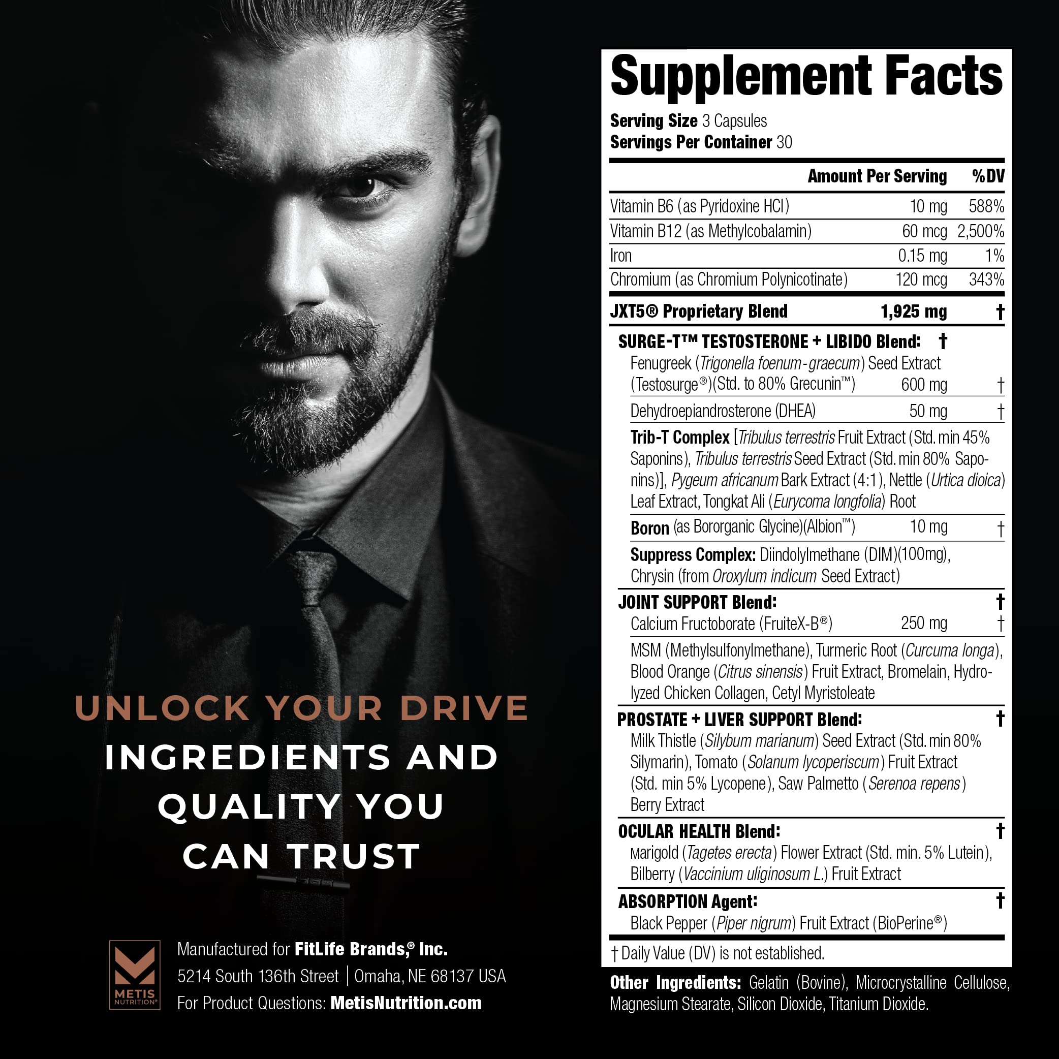 METISNutrition JXT5: ingrédients Testosurge et fenugrec pour soutenir la vitalité.