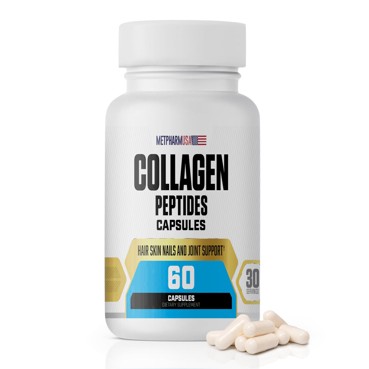 MetpharmUSA collagène en capsules dans la bouteille, soutien potentiel pour la peau.