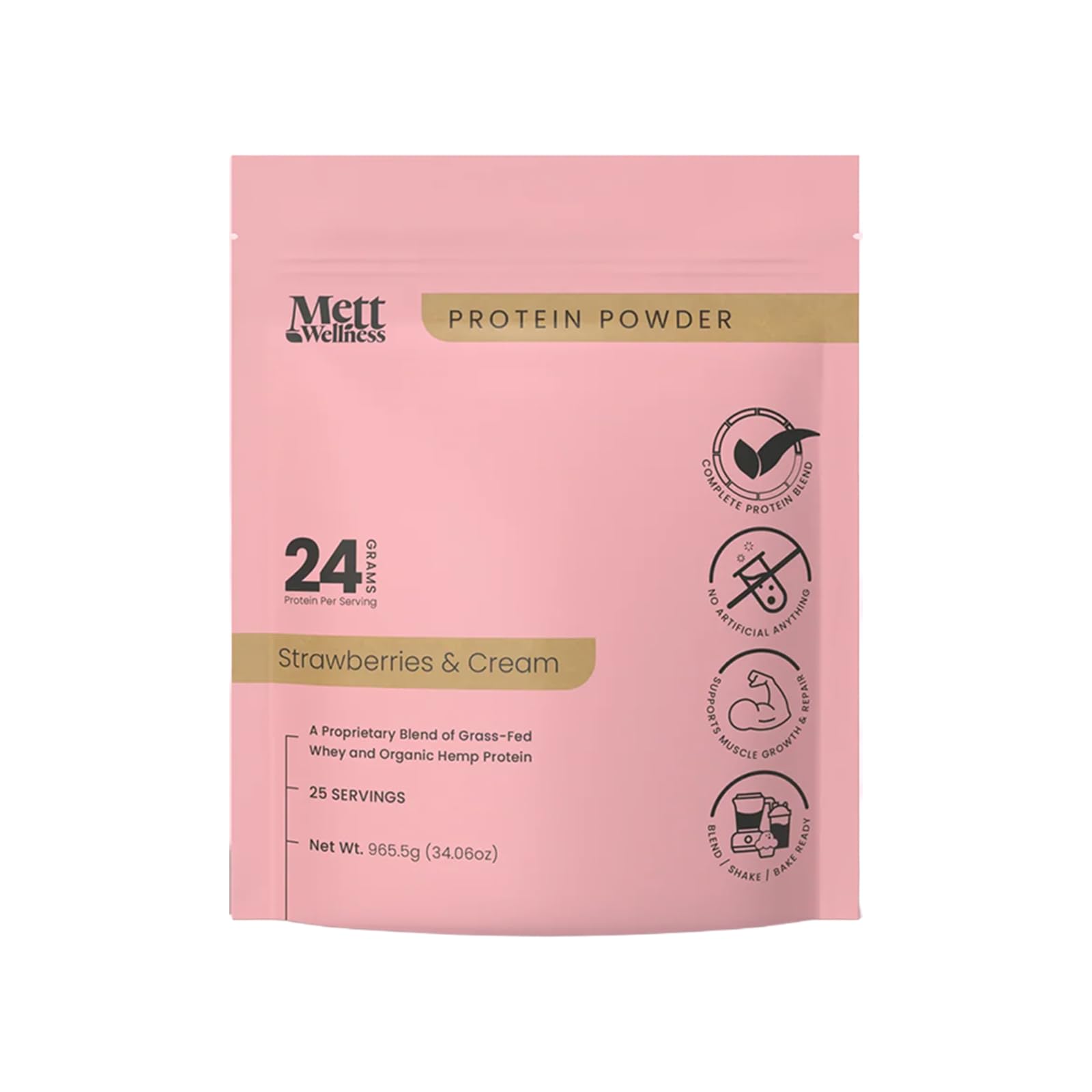 Mett Wellness poudre protéine fraises crème, bouteille, mélange facile et rapide après l'entraînement.
