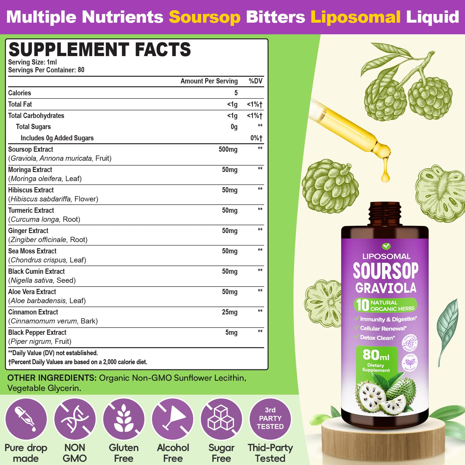 Mezqai Soursop Bitters Liquid - gouttes mesurées pour favoriser l'énergie et le bien-être.