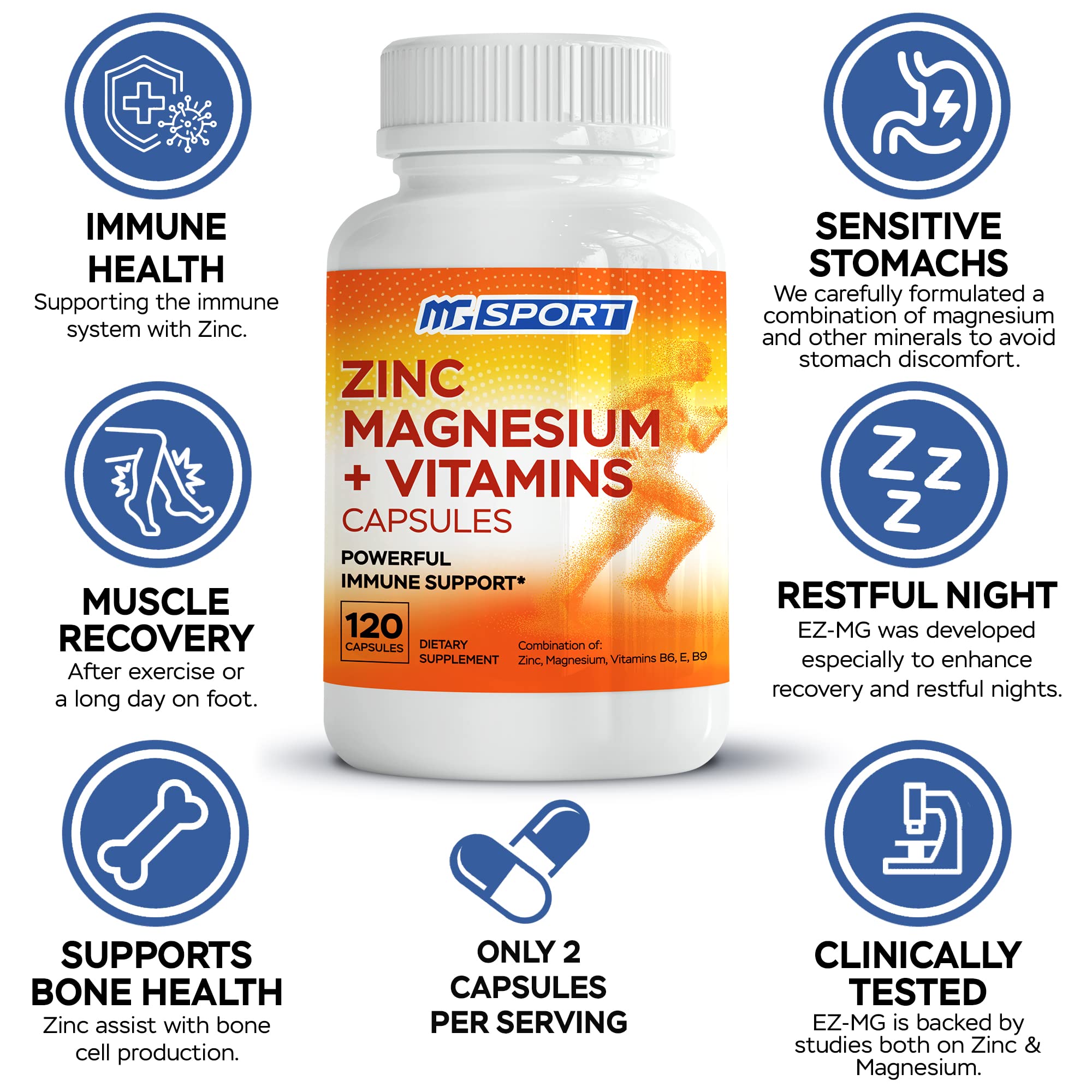 MgSport ZMA : bouteille fermée, formule douce pour l'estomac.