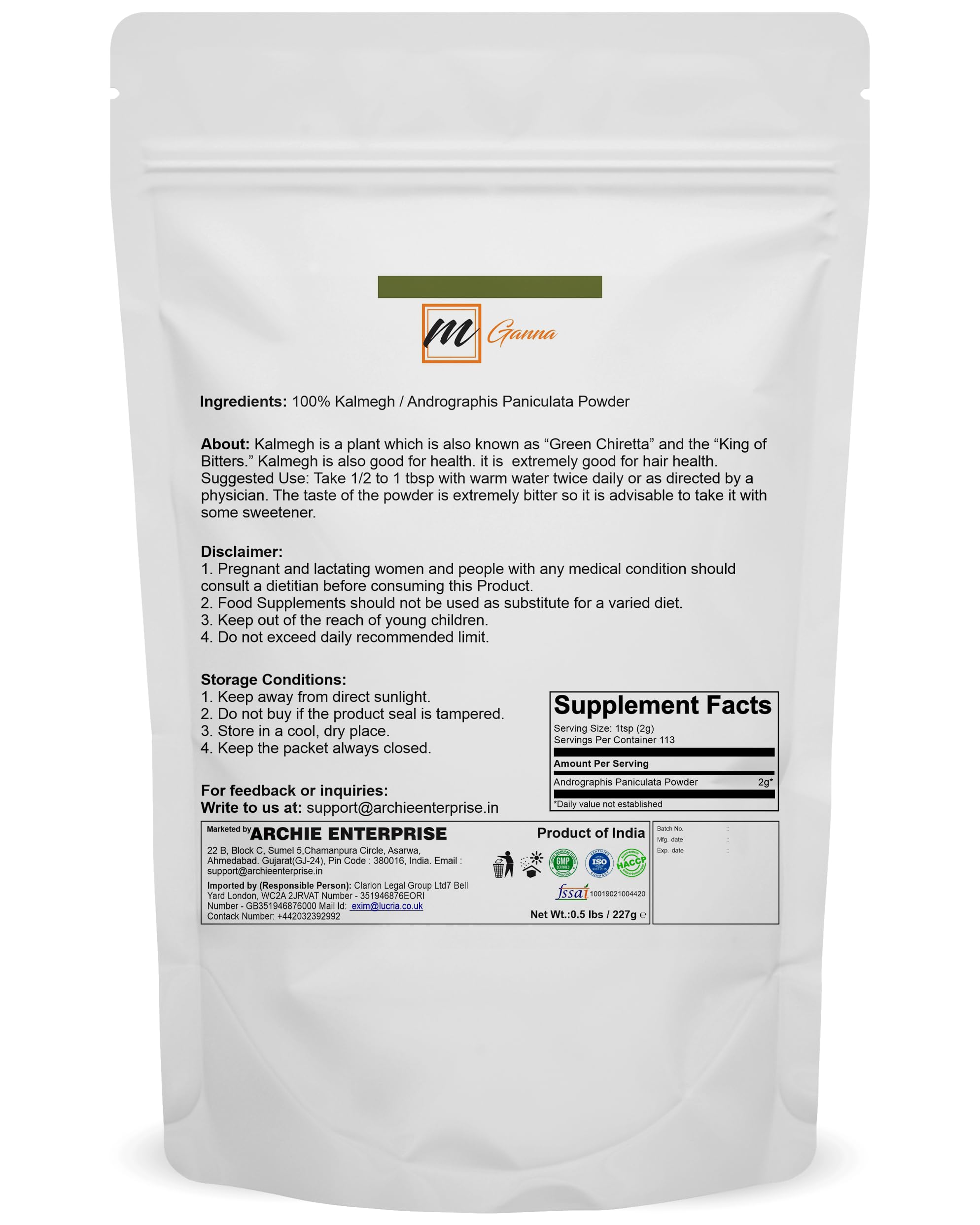 mGanna Poudre Kalmegh avec cuillère-doseuse pour dosages précis.