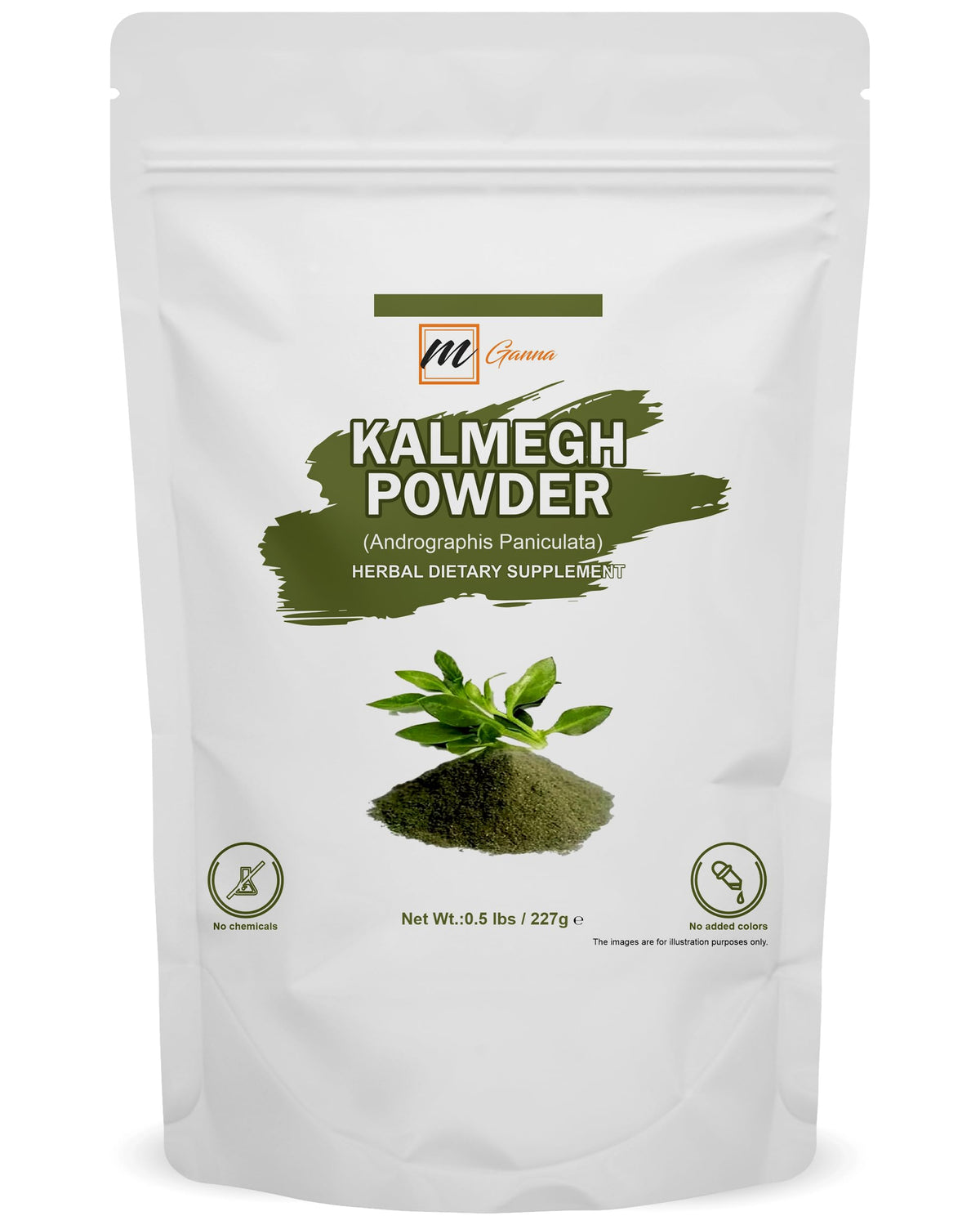 mGanna Poudre Kalmegh dans flacon, usage pratique et pureté naturelle.