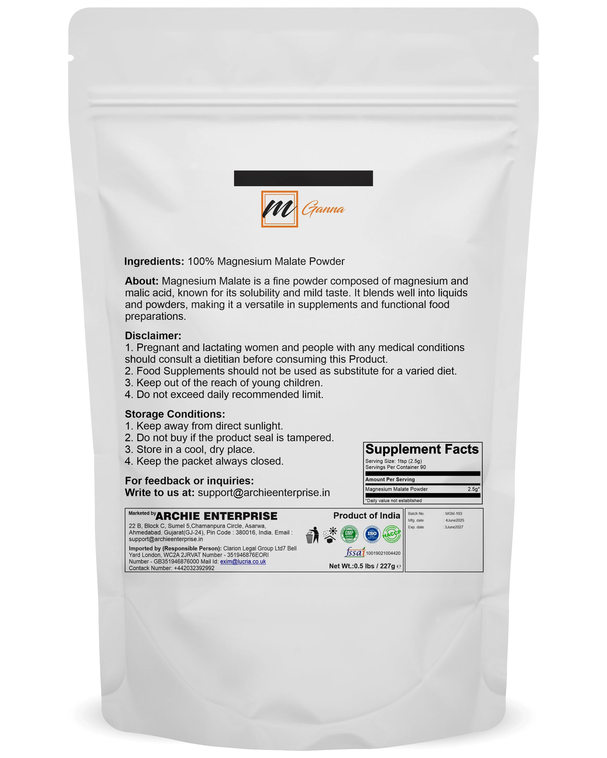 mGanna Magnesium Malate: emballage souple préservant la fraîcheur.