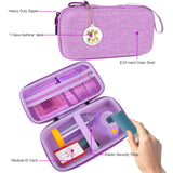 MGZNMTY étui compact violet, dimensions adaptées pour transport quotidien.