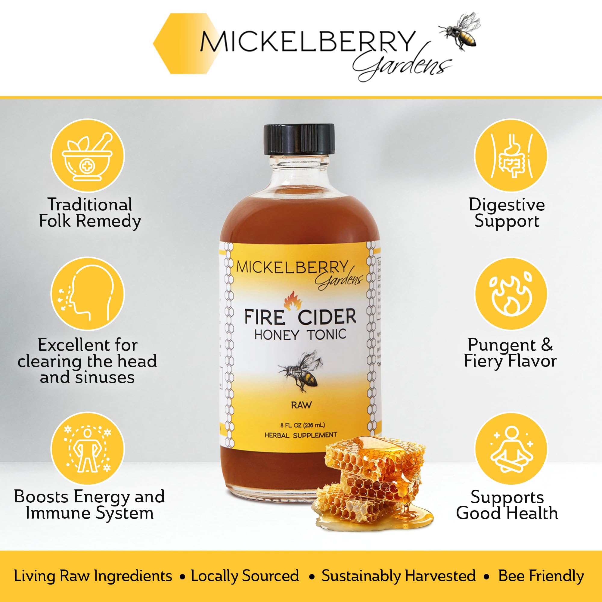 Mickelberry Gardens Fire Cider avec gingembre et curcuma, ingrédients clés