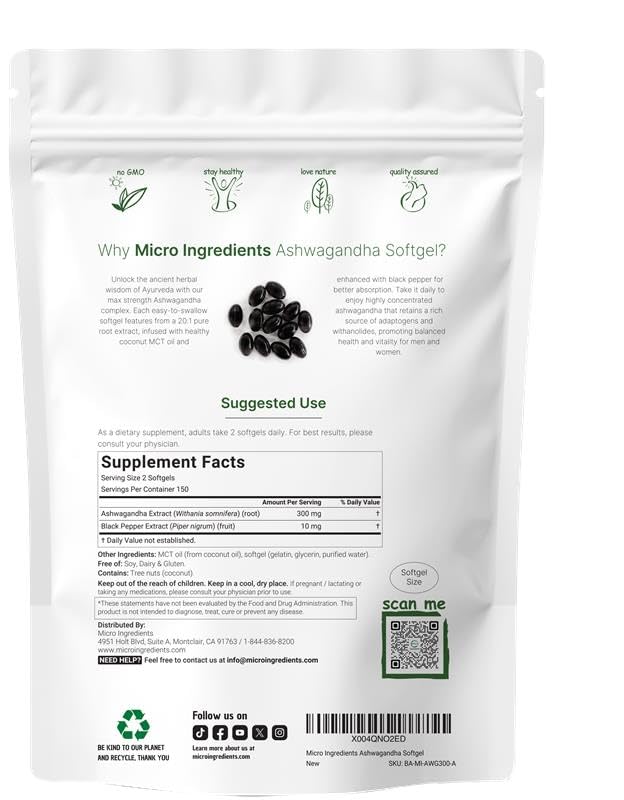 Micro Ingredients Ashwagandha, capsules-softgel, ingestion pratique et rapide.