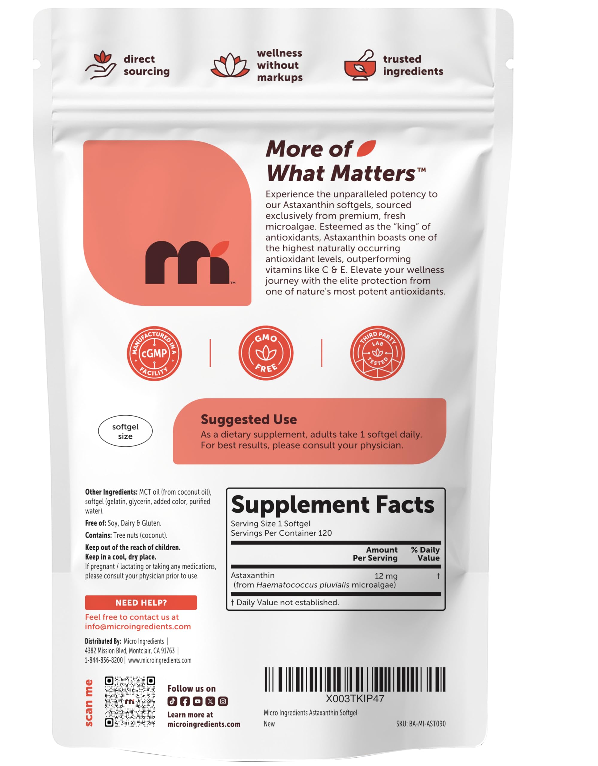 Bouteille Micro Ingredients Astaxanthine 120 capsules, format durable et pratique