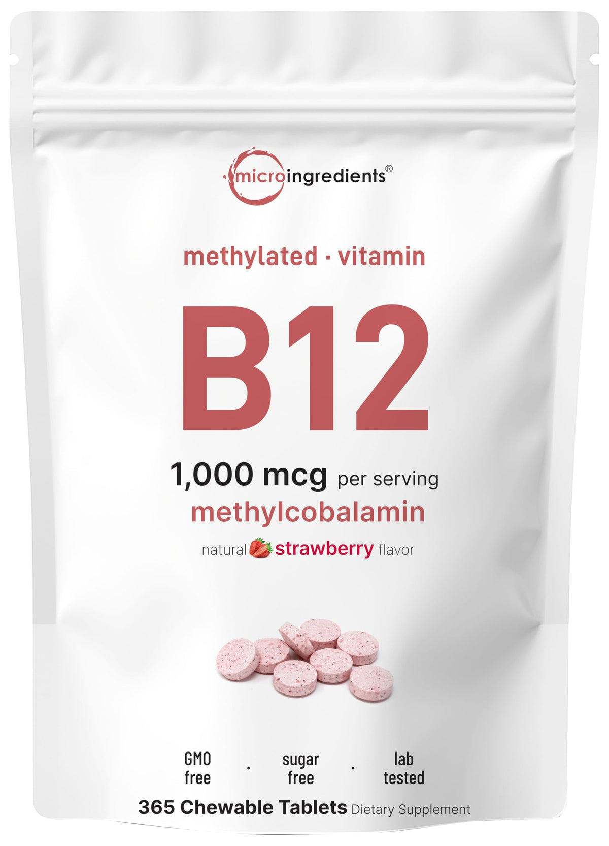 Micro Ingredients B12 1000 mcg comprimés à mâcher fraise, dissolution rapide et énergie potentielle.