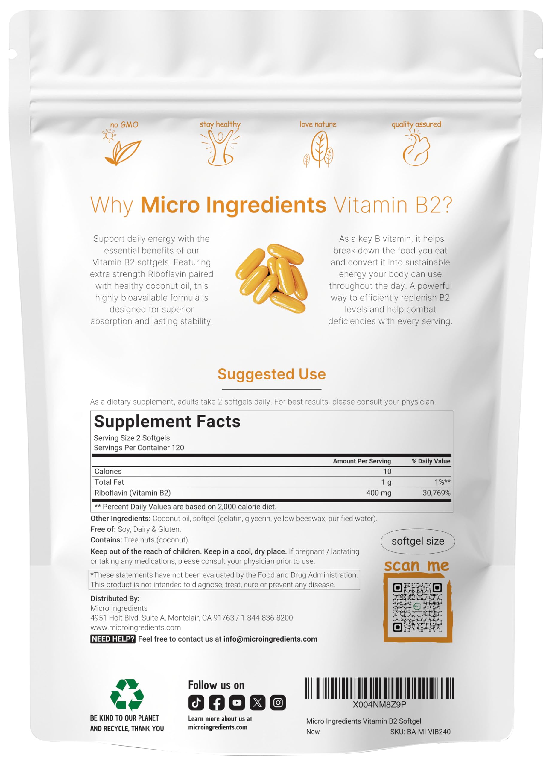Micro Ingredients B2 – emballage 240 softgels, soutien énergétique potentiel quotidien.
