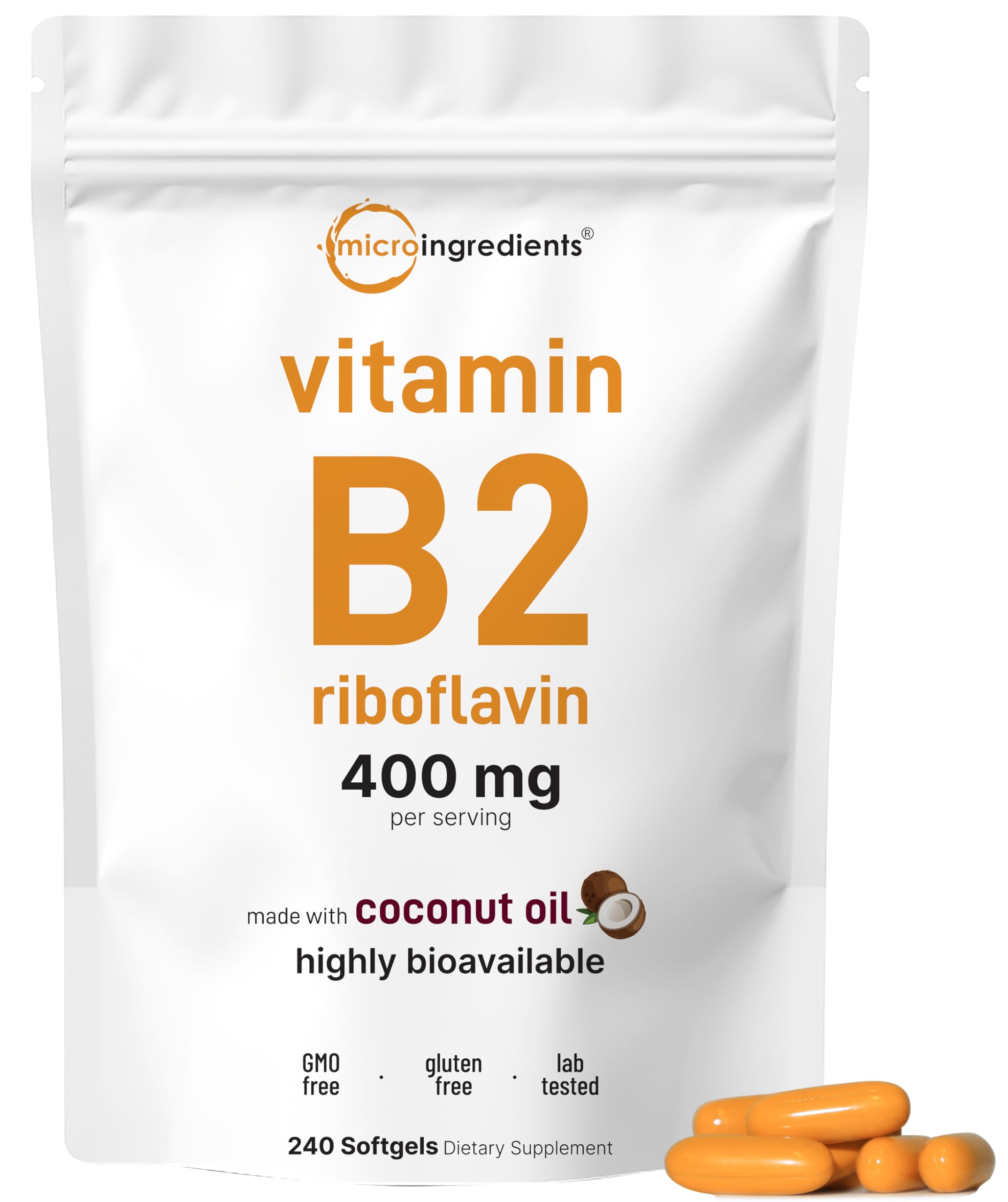 Micro Ingredients B2 softgels avec huile de coco, favorise une absorption efficace.