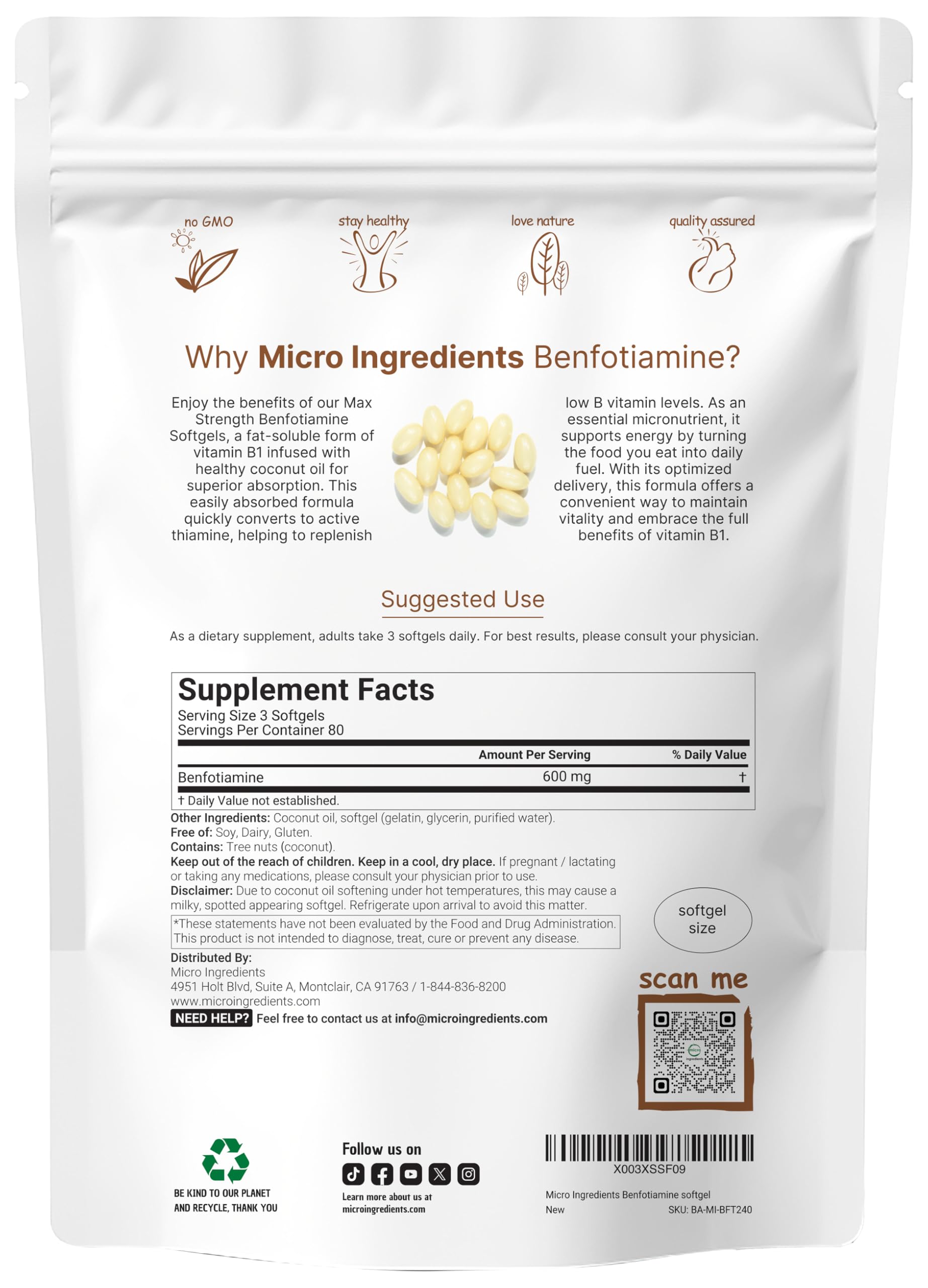 Gélules Benfotiamine 600 mg Micro Ingredients, soutien potentiel pour l'énergie quotidienne.