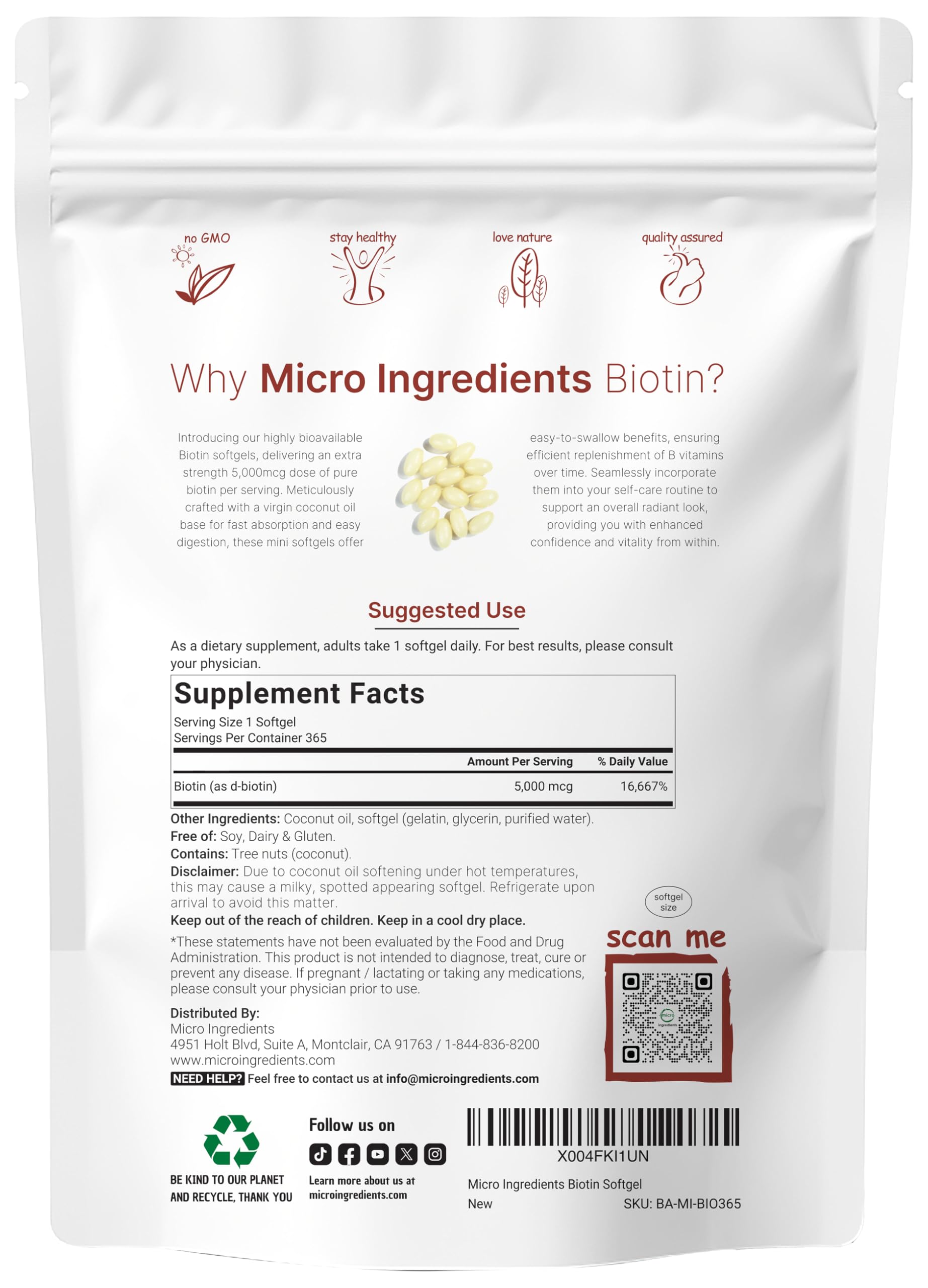Micro Ingredients Biotine 5000mcg : dosage pratique pour routine cheveux et ongles