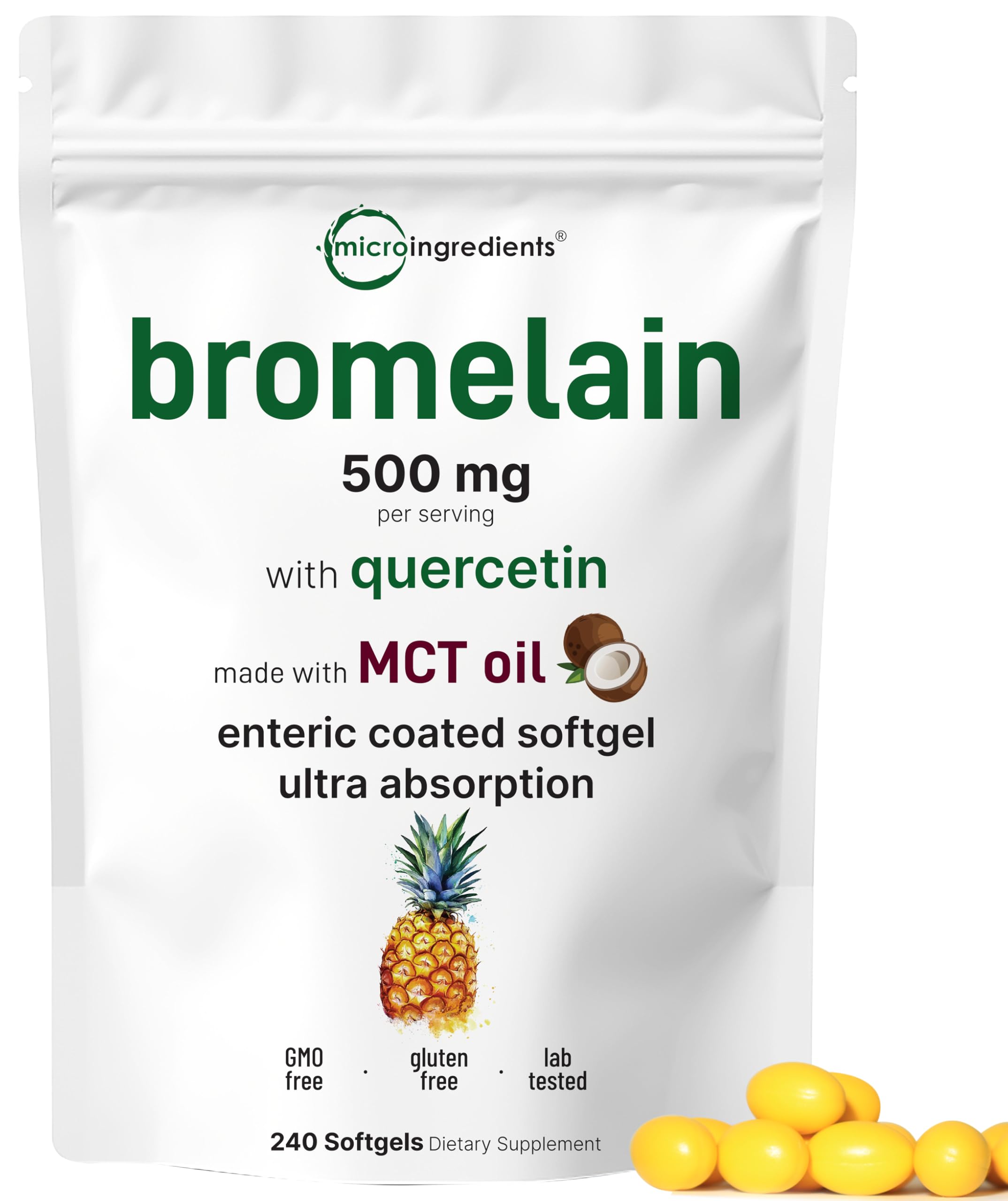 Bouteille Micro Ingredients bromélaïne 500 mg avec quercétine et MCT, soutien digestif potentiel