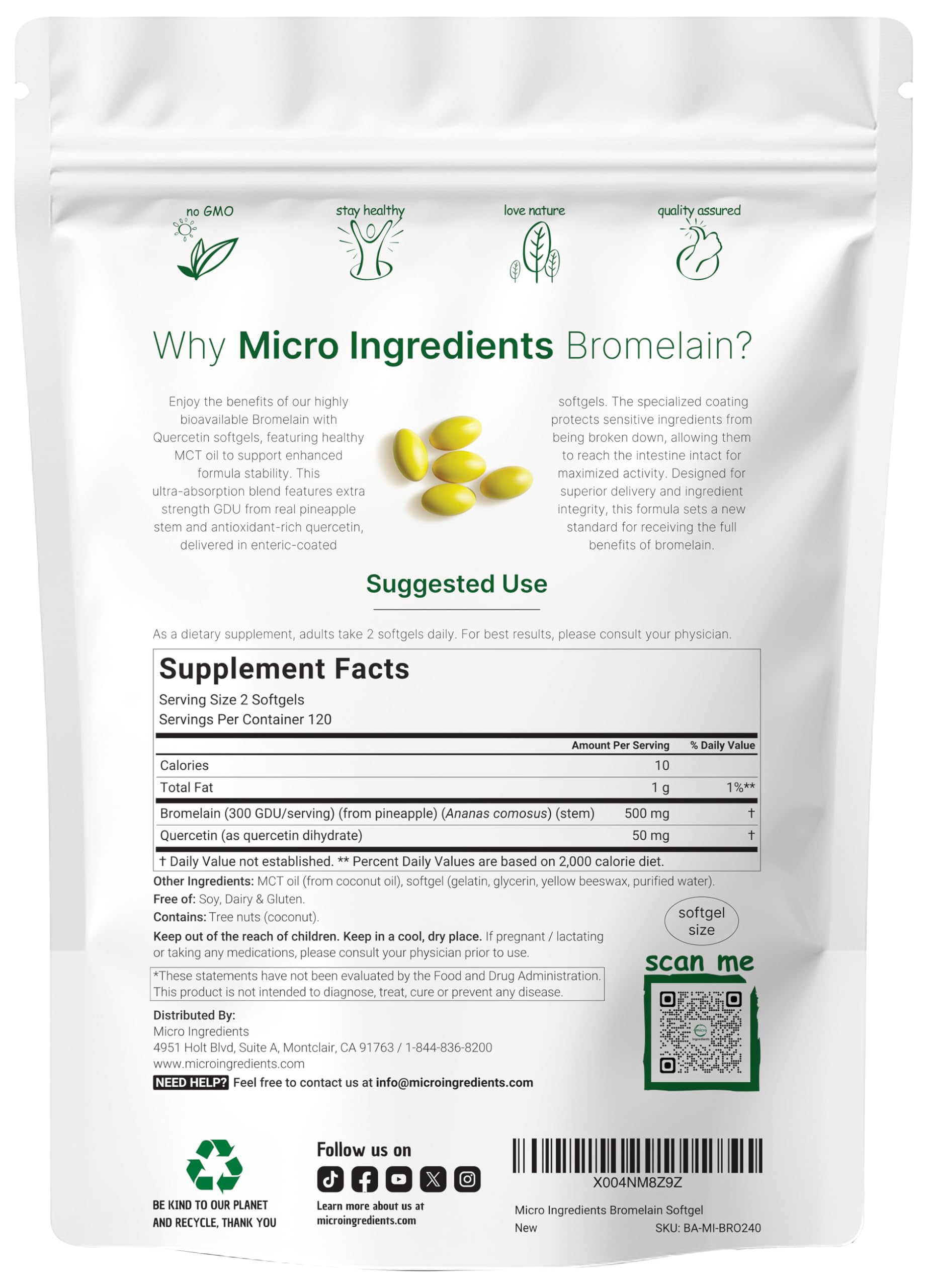 Gélules enterique Micro Ingredients bromélaïne quercétine et MCT et absorption ciblée