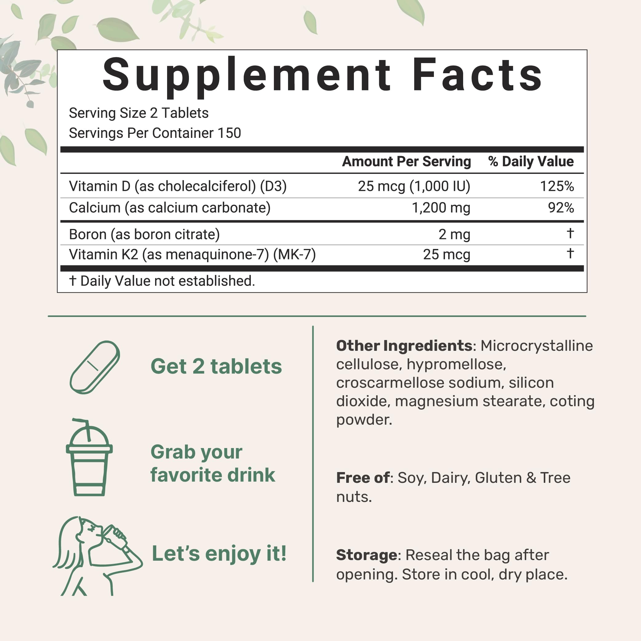 Calcium 1200 mg D3 K2 et bore, comprimé bisecté favorisant l'absorption.