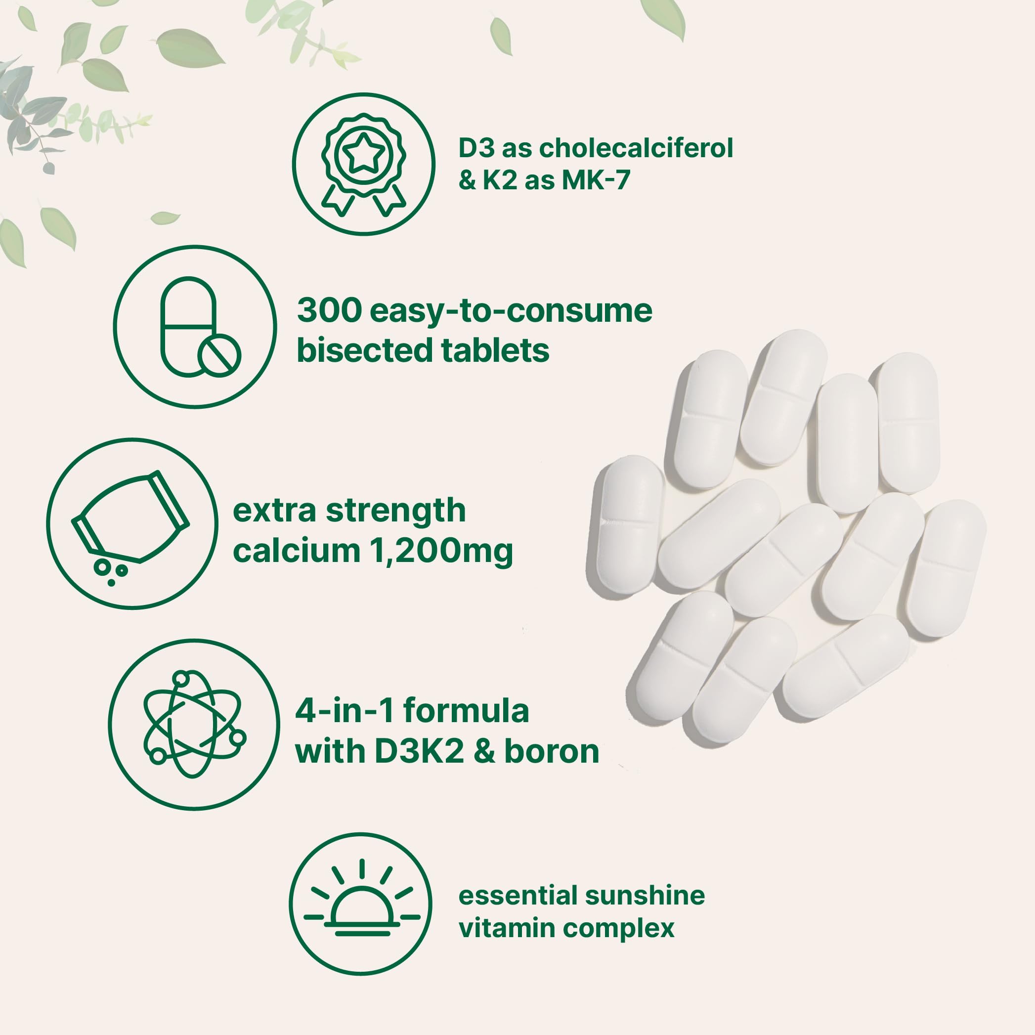 Micro Ingredients Calcium 1200 mg D3 K2, comprimé enrobé pour goût neutre et déglutition facile.