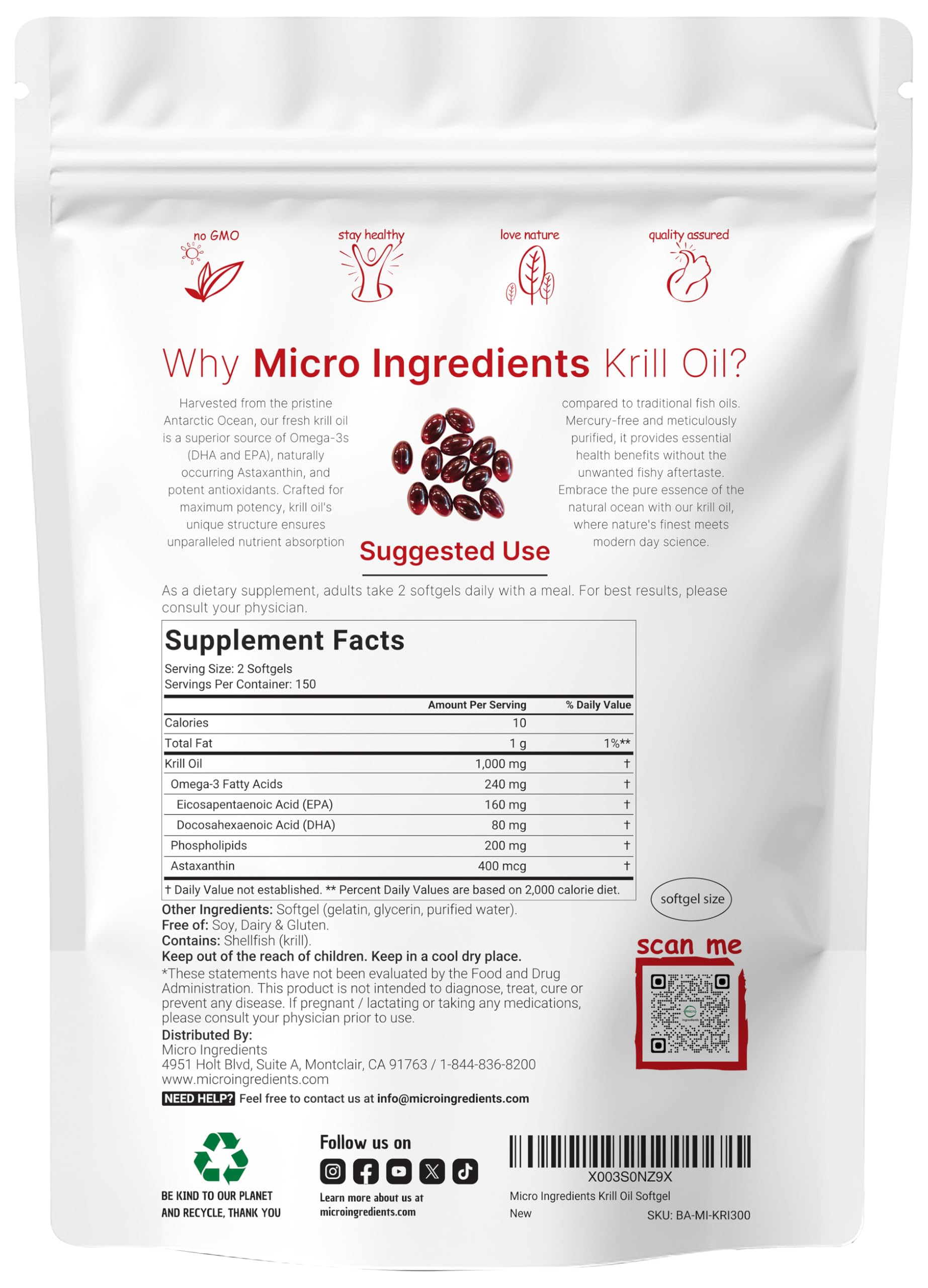 Capsules molles Micro Ingredients krill 1000mg, faciles à avaler pour votre routine.