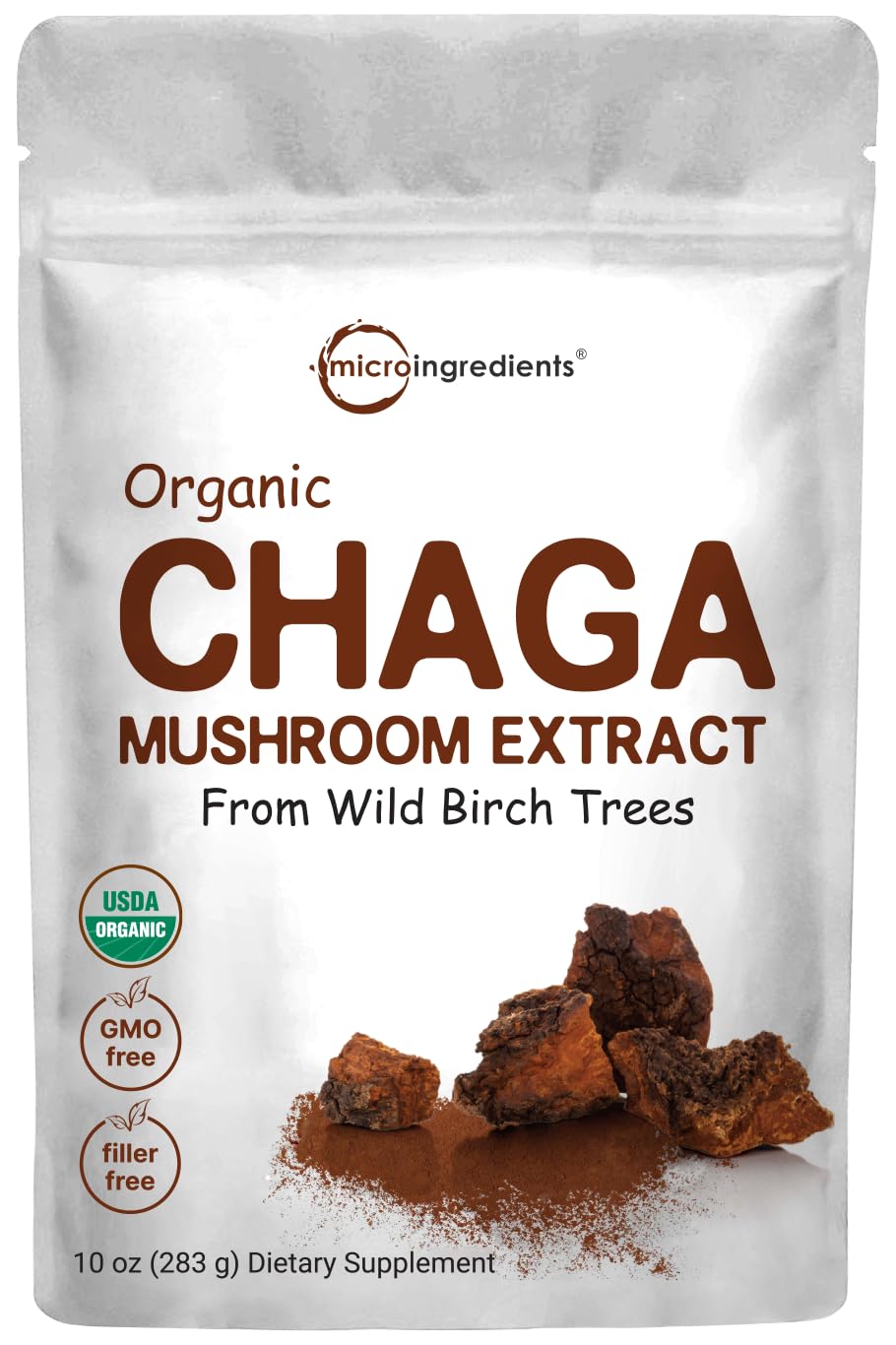Micro Ingredients Chaga bio en bouteille prête à infuser pour thés et boissons riches.