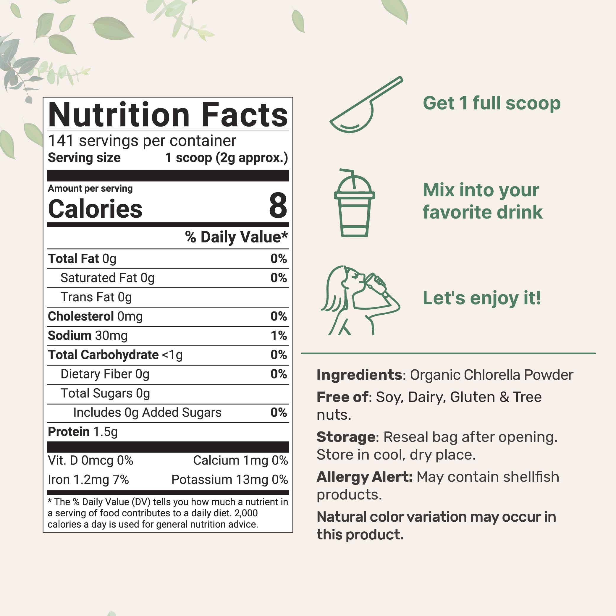 Micro Ingredients chlorella poudre avec cuillère doseur, pratique pour contrôler les portions quotidiennes