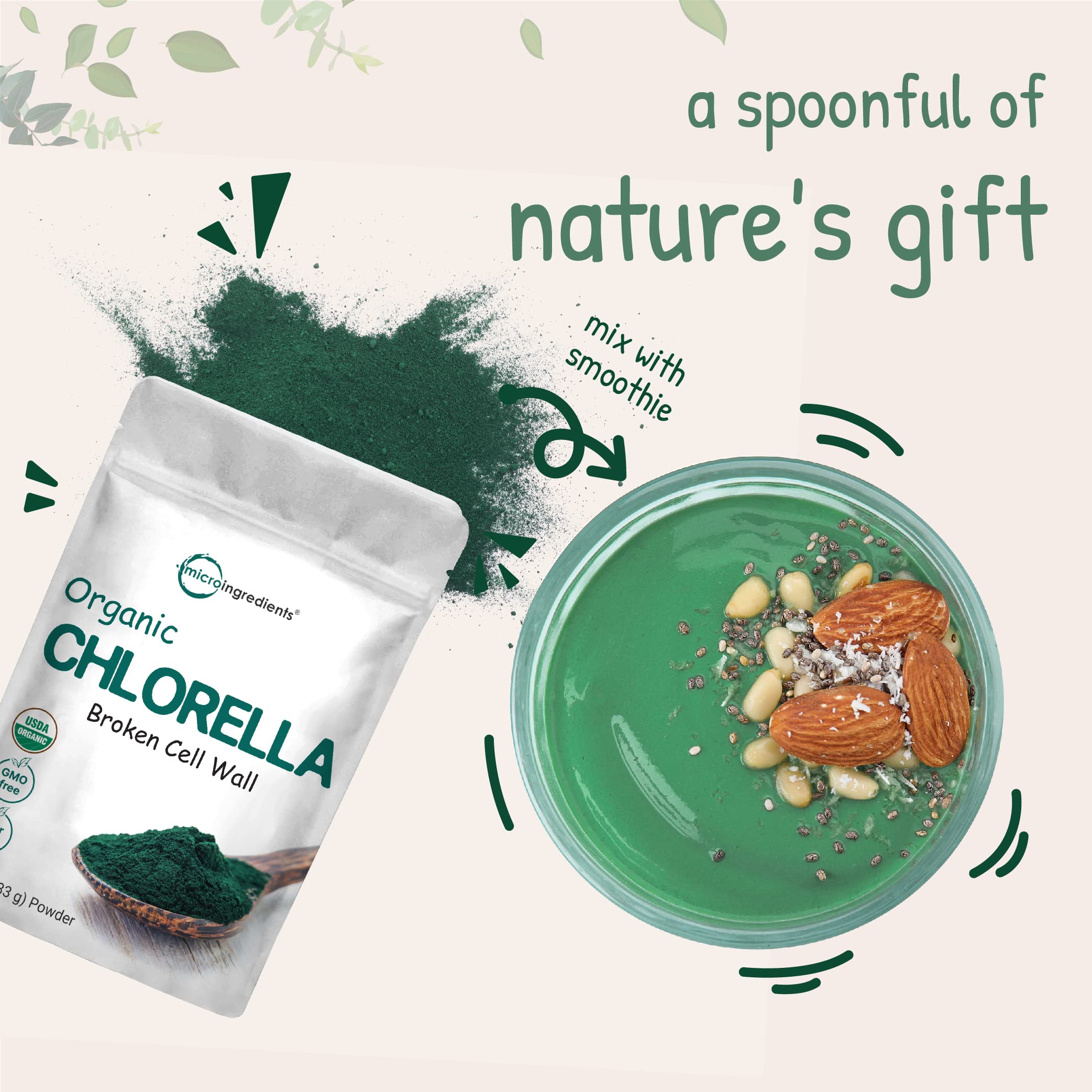 Micro Ingredients chlorella poudre utilisation matin soir, addition flexible dans smoothies ou jus