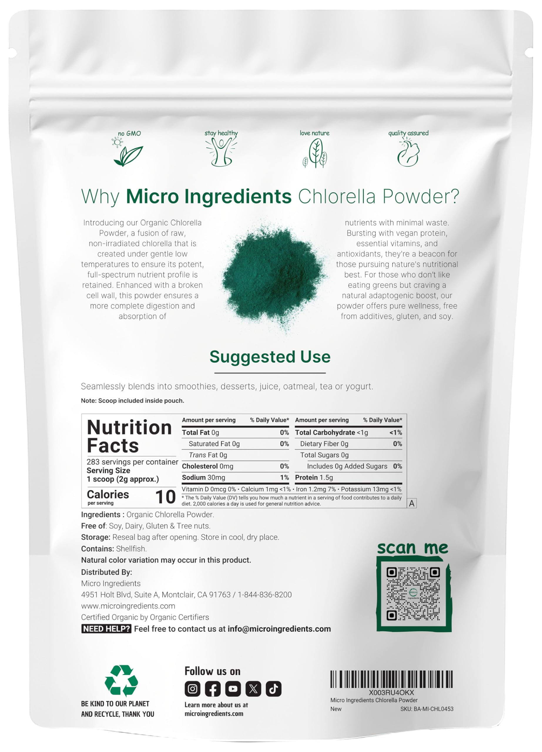Micro Ingredients chlorelle biologique: poudre crue prête à être mélangée dans vos recettes.