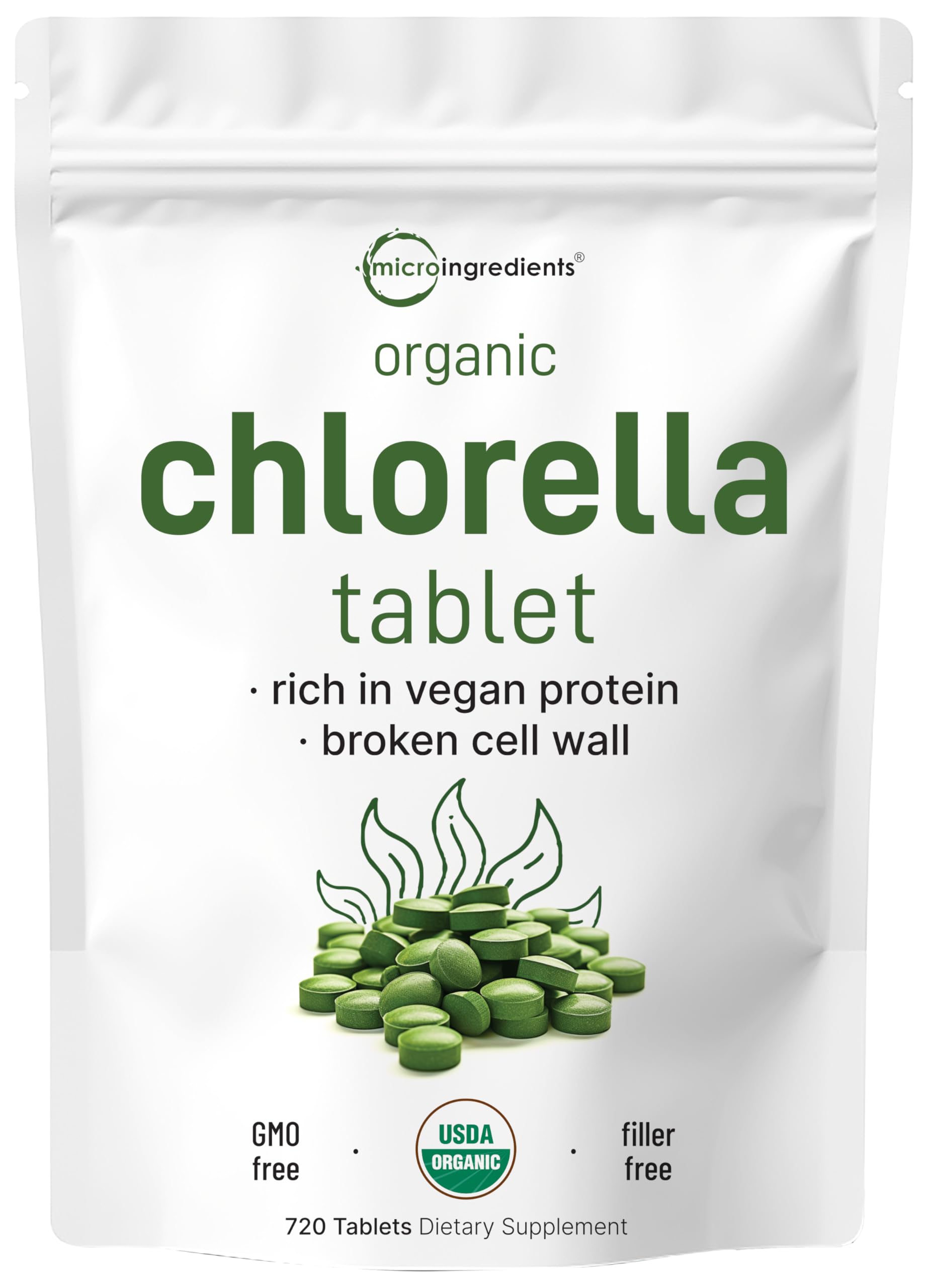 Micro Ingredients chlorelle: bouteille de comprimés, source naturelle de protéines végétales et vitamines.