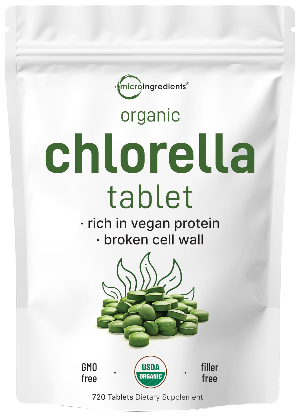 Micro Ingredients chlorelle: bouteille de comprimés, source naturelle de protéines végétales et vitamines.