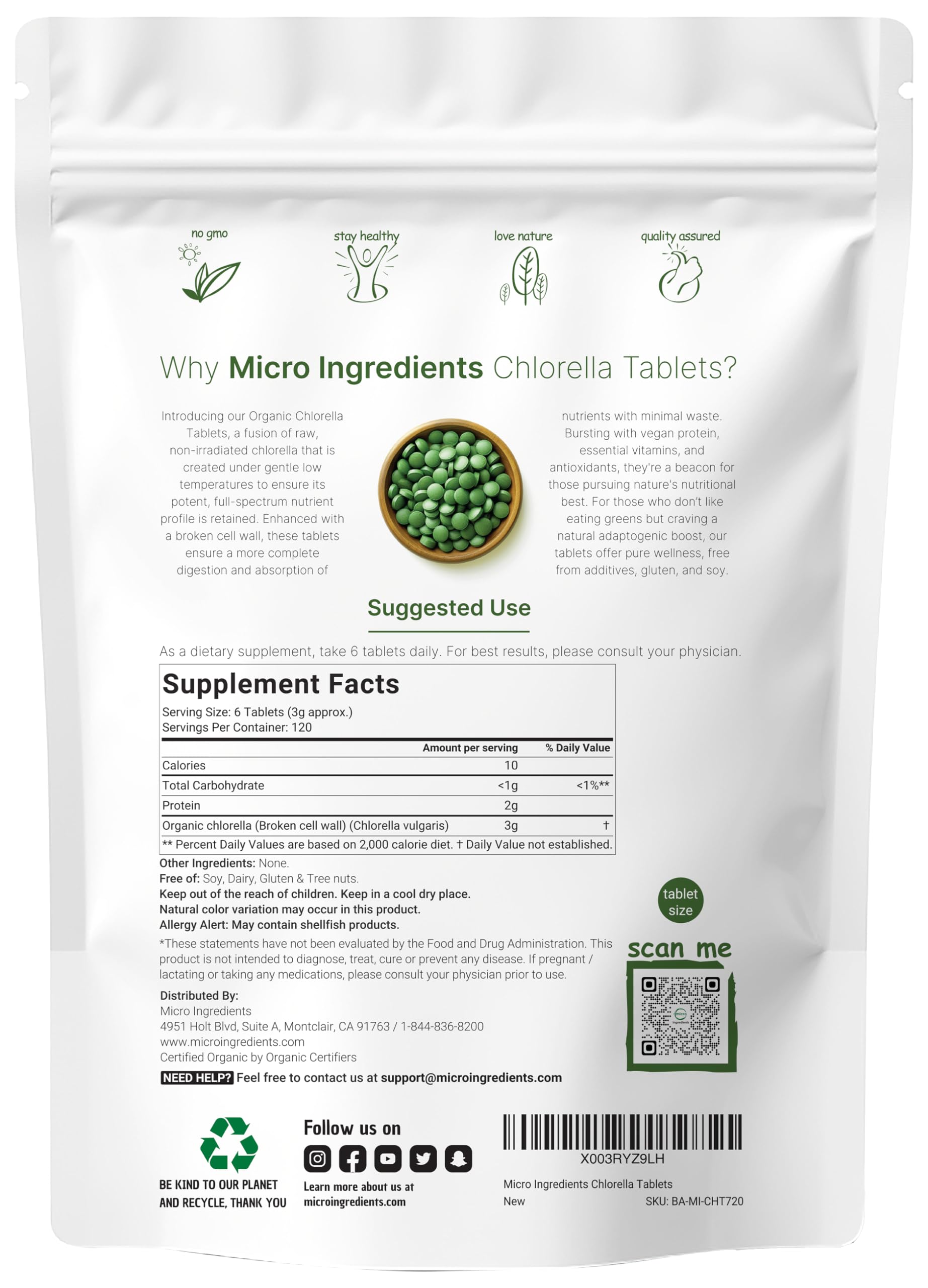 Micro Ingredients chlorelle tablettes ensemble 720, pratique pour l'apport quotidien vert.